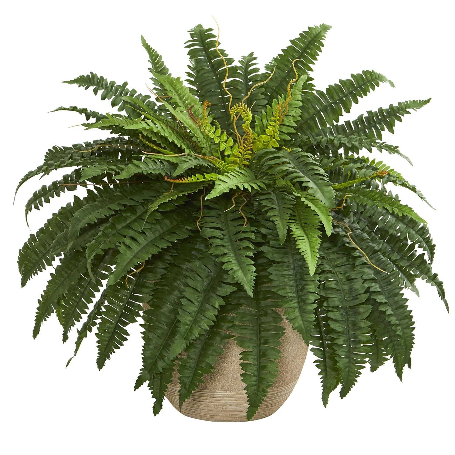 Front. BreeBe - 22" Boston Fern Artificial Plant in Sandstone Planter - Green.
