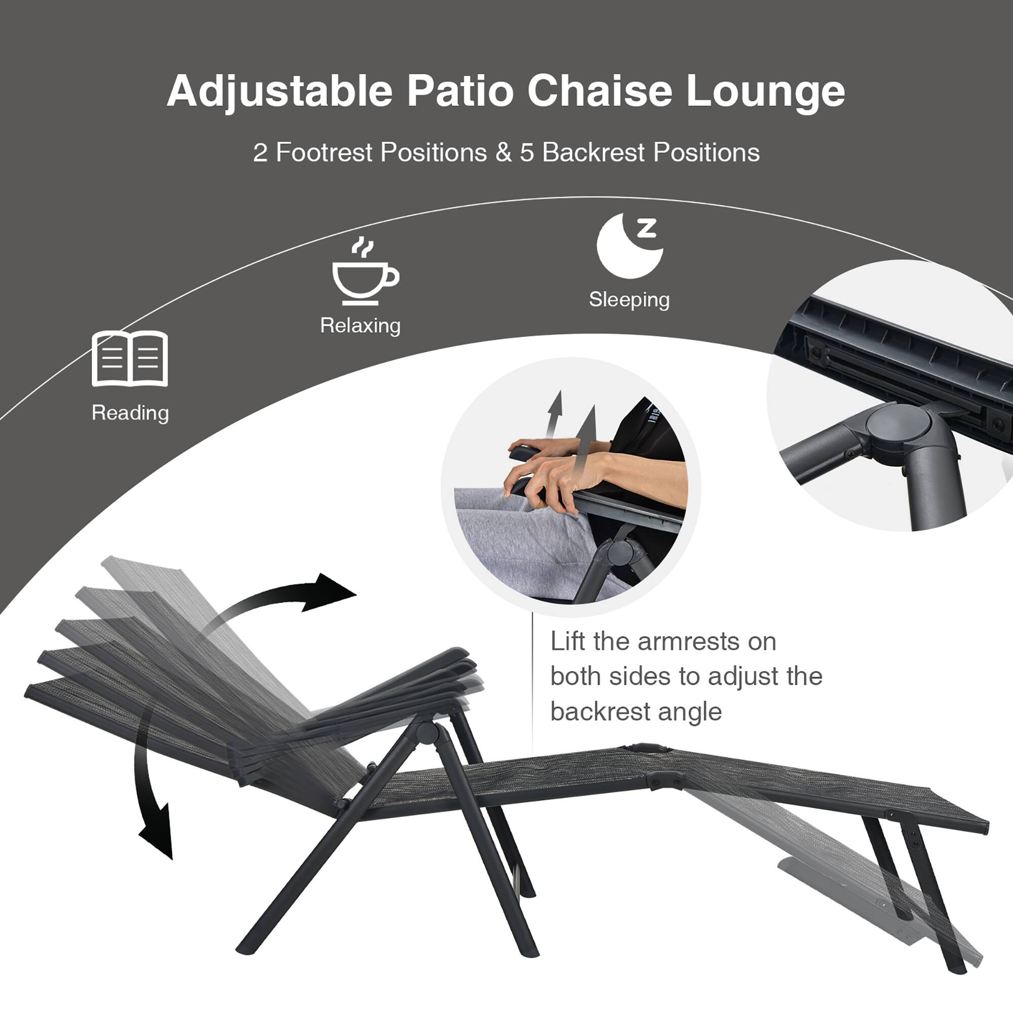 Adjustable Patio Chaise Lounge
2 Footrest Positions & 5 Backrest Positions

Relaxing
Sleeping
Reading

Lift the armrests on both sides to adjust the backrest angle