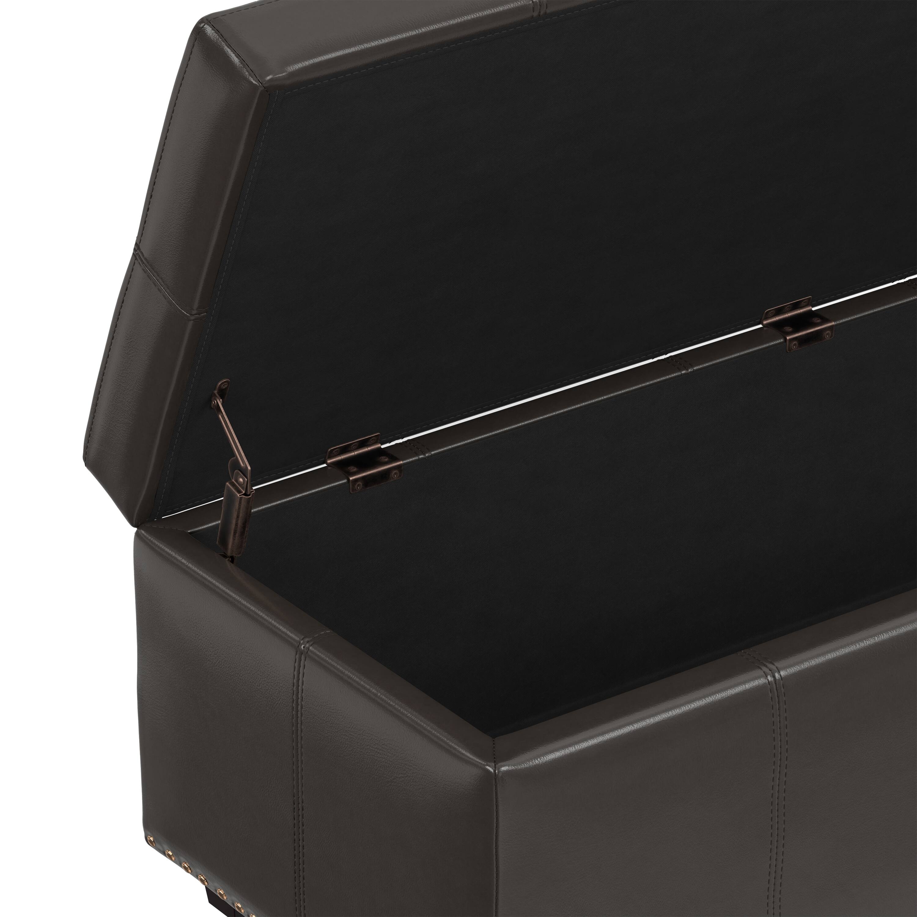 Alt View 6. Simpli Home - Kingsley 48 inch Wide Large Storage Ottoman in Coffee Brown Vegan Leather - Coffee Brown.