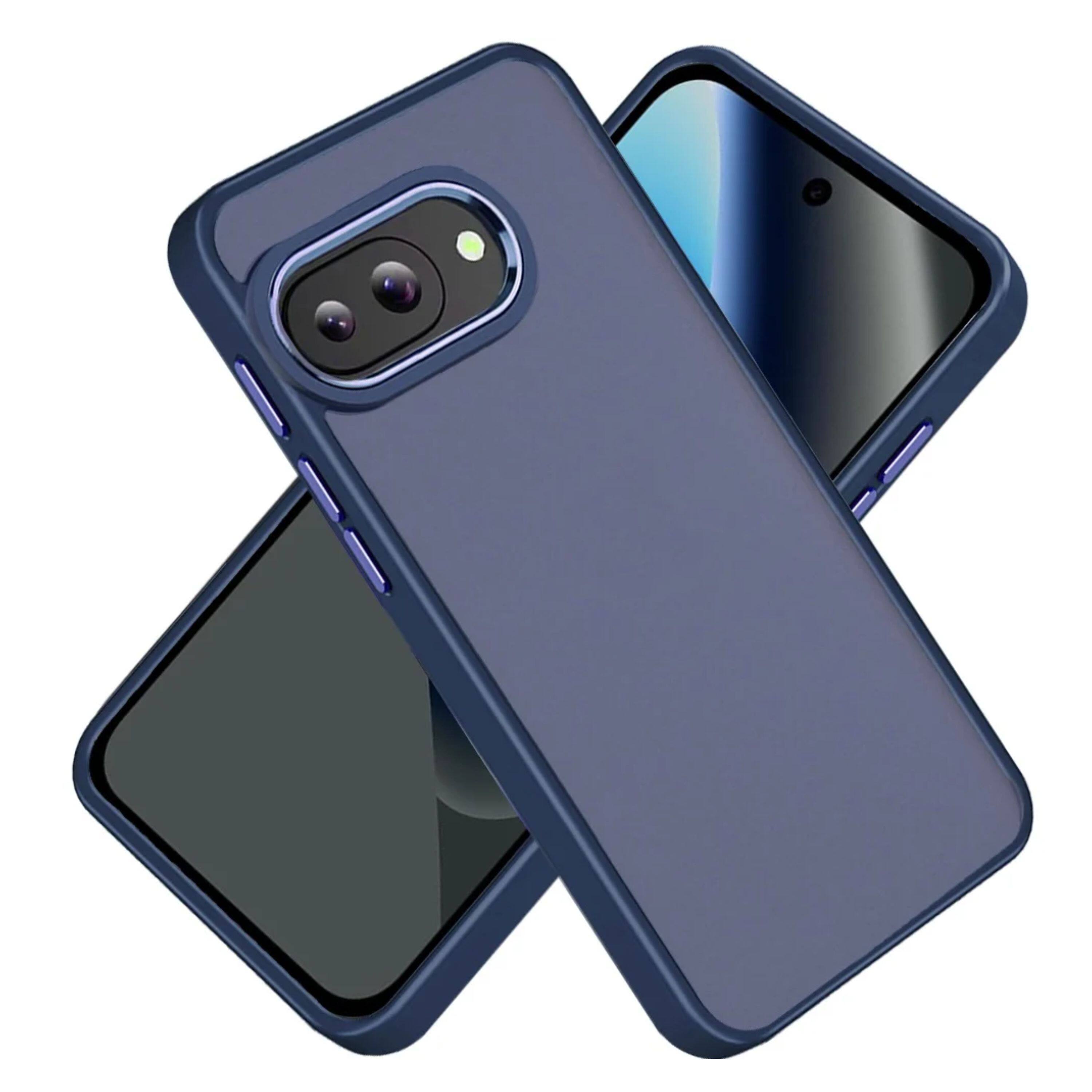 Angle. Kitcheniva - Smooth Thick Acrylic Phone Case With Metal Button Tempered Glass For Google Pixel 10a Dark Blue - Dark Blue.