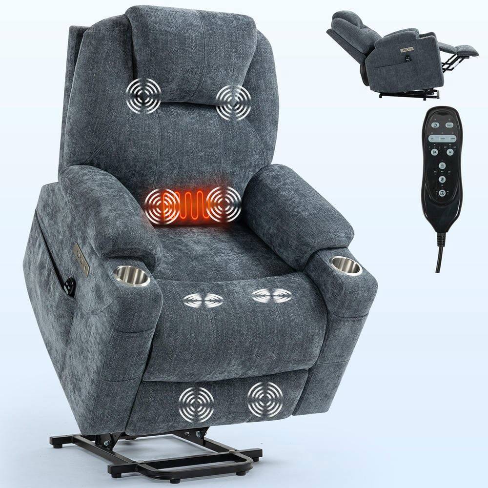 Angle. Kadyn - Power Lift Recliner Chair, Massage & Heat, Dual USB Ports, Cup Holders, 155° Recline, Blue - Blue.