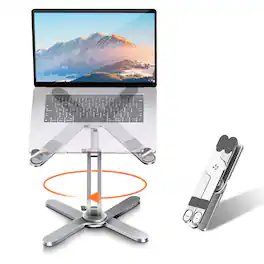 PRIMEPLUS - 360° Rotating Laptop Stand, Ergonomic Foldable Metal Riser, Adjustable Height/Angle for MacBook & 16" Laptops - Silver