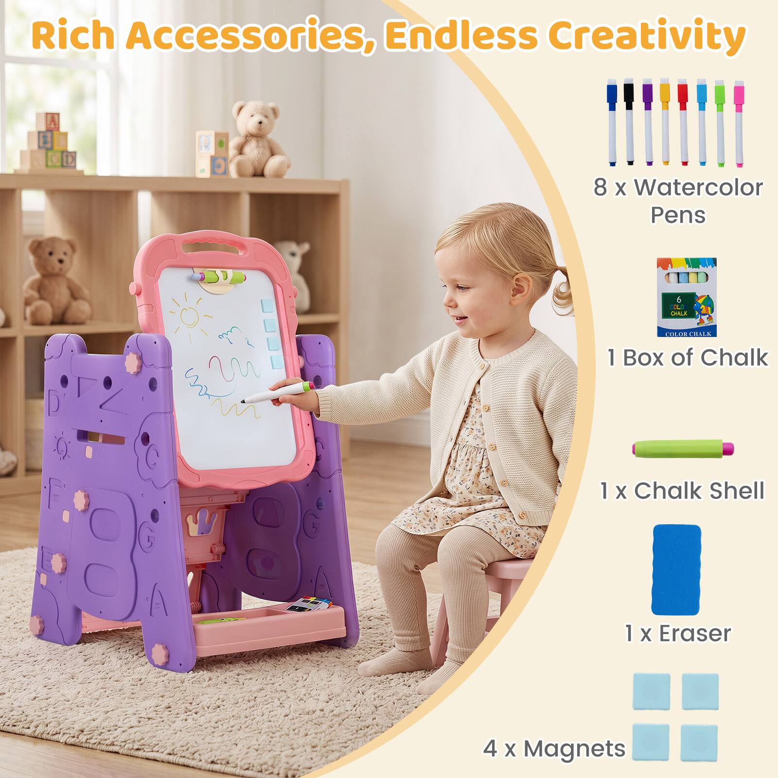Rich Accessories, Endless Creativity  
8 x Watercolor Pens  
1 Box of Chalk  
1 x Chalk Shell  
1 x Eraser  
4 x Magnets