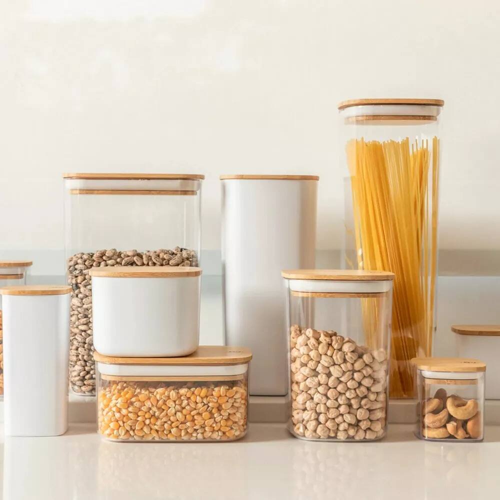 Alt View 1. OU - OU Airtight Food Storage Container Set 8pc (set of 4) w Bamboo Lid, Kitchen Pantry Jar Organizer - Clear.