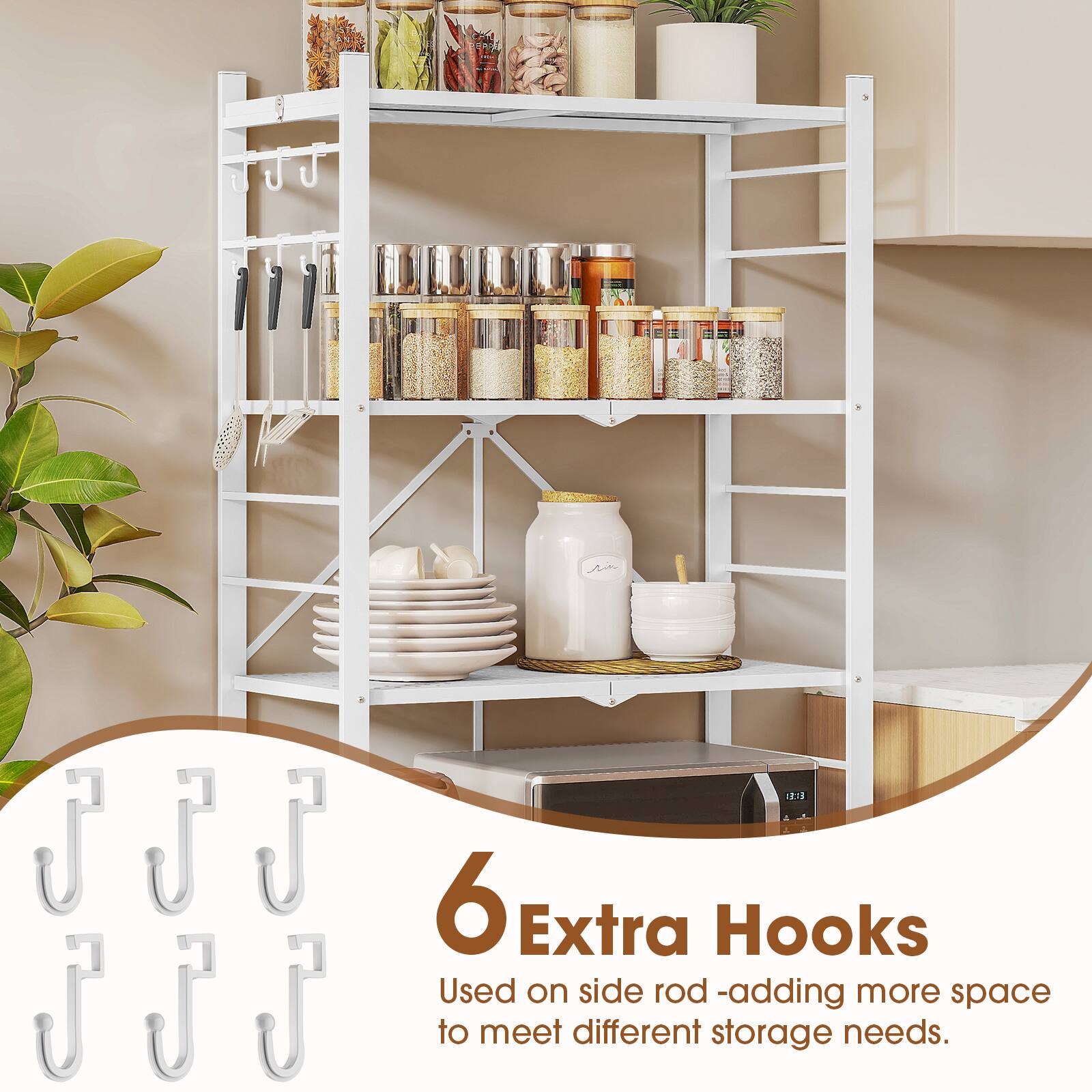 6 Extra Hooks  
Used on side rod - adding more space to meet different storage needs.