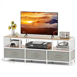 Ecooso - TV Stand for 65 Inch TVs with Power Outlets and USB Charging Ports - Natural + Gray + White