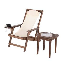Jiallo - Romantic Collection Canvas Sling Chair with Cup and Wine Holder and end table - Dark Brown Color with Beige Fabric