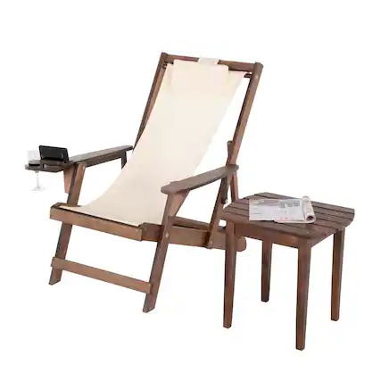 Front. Jiallo - Romantic Collection Canvas Sling Chair with Cup and Wine Holder and end table - Dark Brown Color with Beige Fabric.