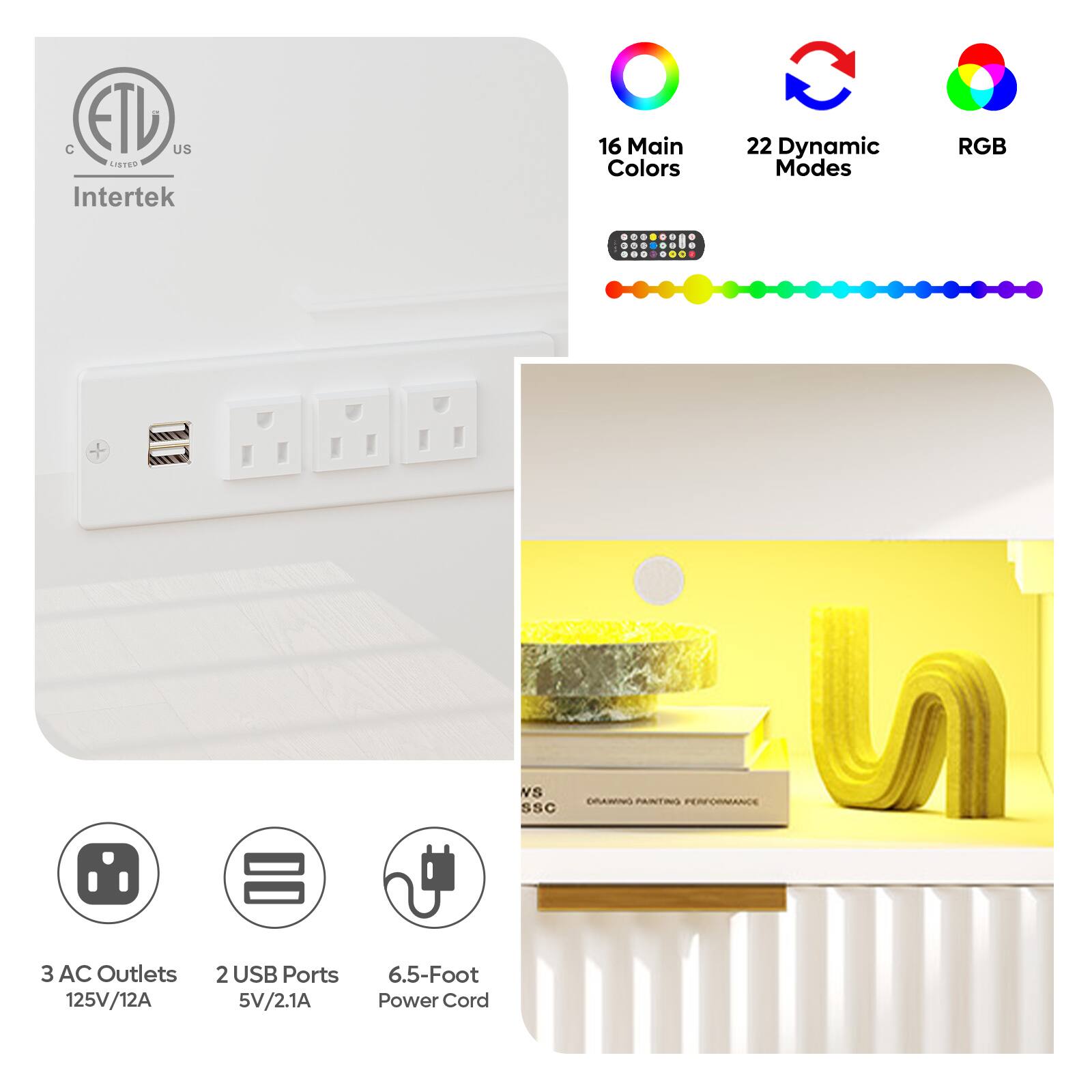 The text on the image is grouped and corrected as follows:
C ETD US CITES Intertek 16 Main Colors 22 Dynamic Modes RGB vS SSC DRAMNO PANTING PERFORMANCE 3 AC Outlets 125V/12A 2 USB Ports 5V/2.1A 6.5-Foot Power Cord