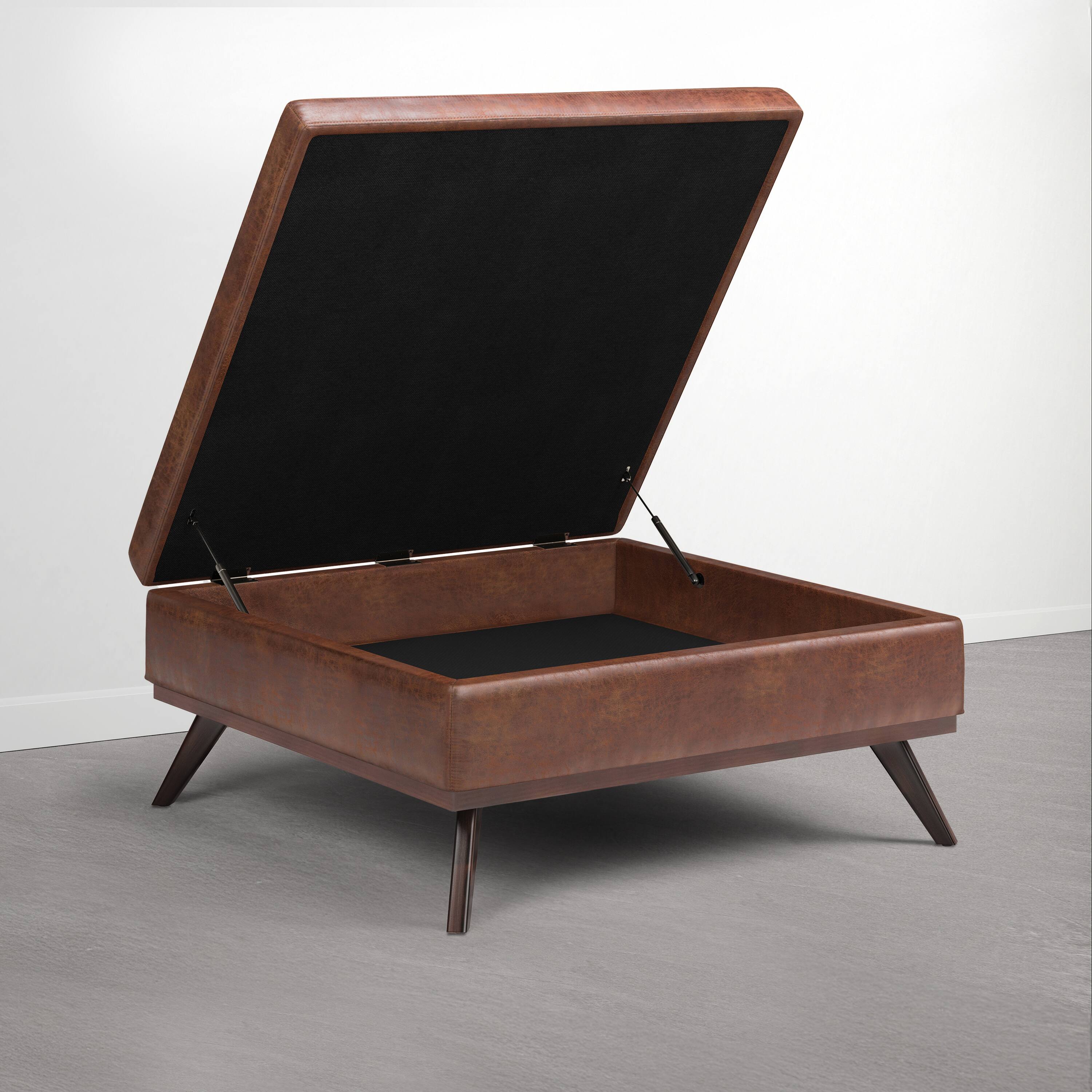 Left. Simpli Home - Owen XL 40 inch Wide Solid Wood Coffee Table Storage Ottoman, Distressed Pecan Brown - Distressed Pecan Brown.