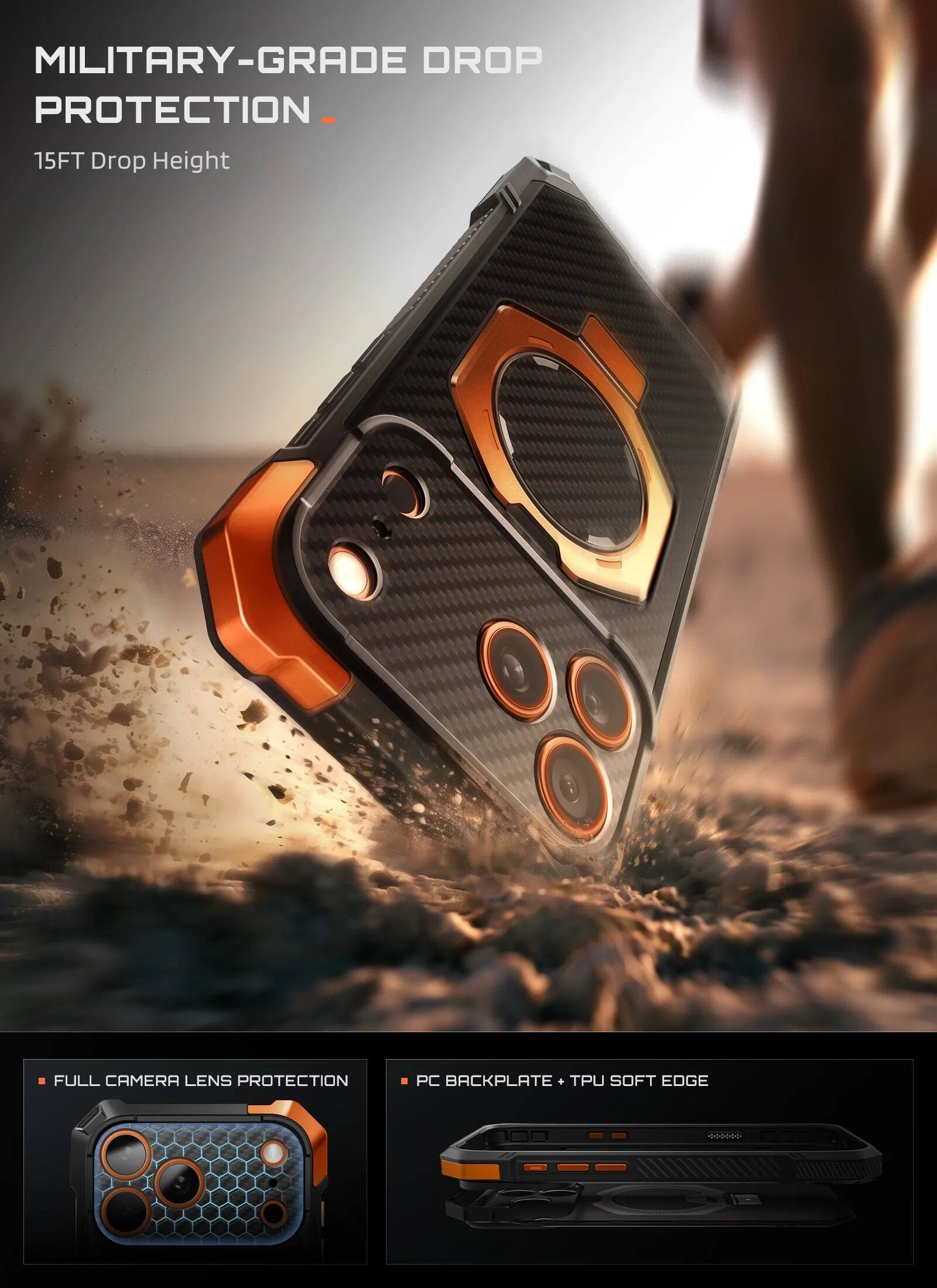 MILITARY-GRADE DROP PROTECTION  
15FT Drop Height  
FULL CAMERA LENS PROTECTION  
PC BACKPLATE + TPU SOFT EDGE
