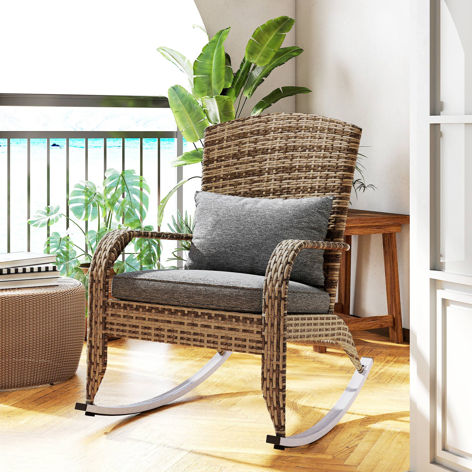 Alt View 8. Outsunny - Outdoor Wicker Adirondack Rocking Chair, Patio Rattan Rocker Chair with High Back, Seat Cushion, and Pillow - Gray.