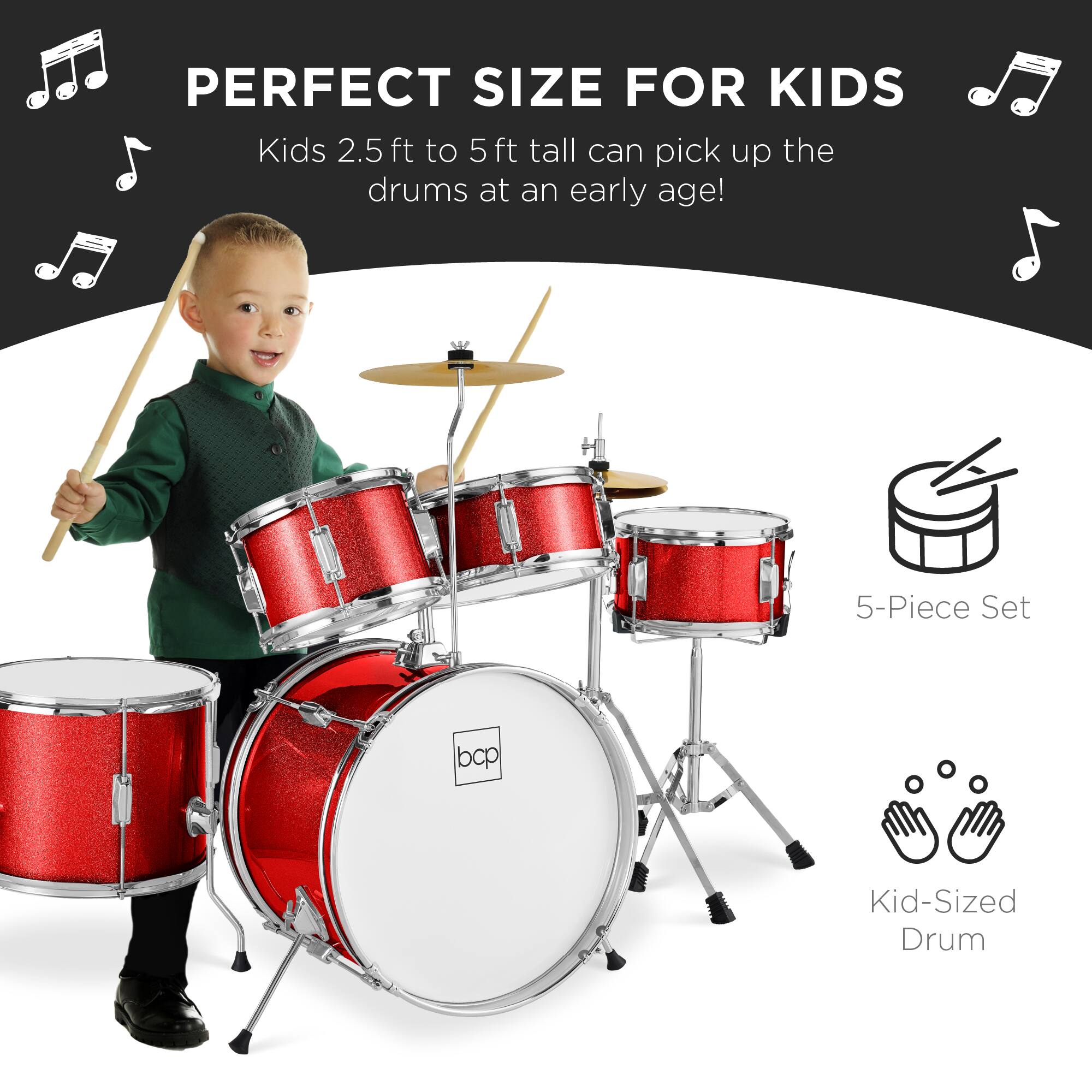 Perfect Size for Kids: Kids 2.5 ft to 5 ft tall can pick up the drums at an early age! 5-Piece Set, Kid-Sized Drum.
