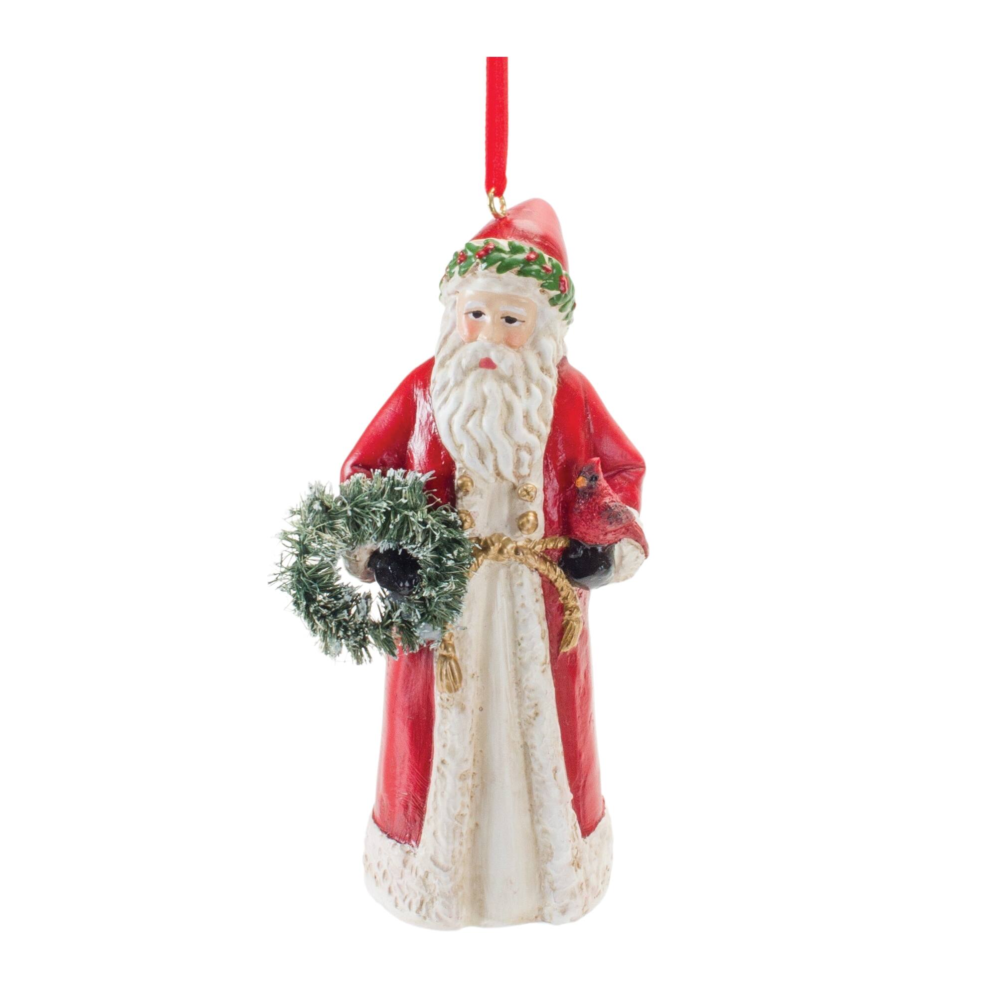 Left. BreeBe - Santa with Cardinal Bird Ornament (Set of 6) - Red, Green, White.