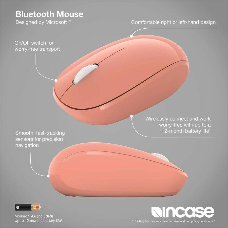 Bluetooth Mouse  
Designed by Microsoft™

Comfortable right or left-hand design

On/Off switch for worry-free transport

Smooth, fast-tracking sensors for precision navigation

Wirelessly connect and work worry-free with up to a 12-month battery life

Mouse: 1 AA (included)  
Up to 12 months battery life*

*Battery life may vary based on user and computing conditions.