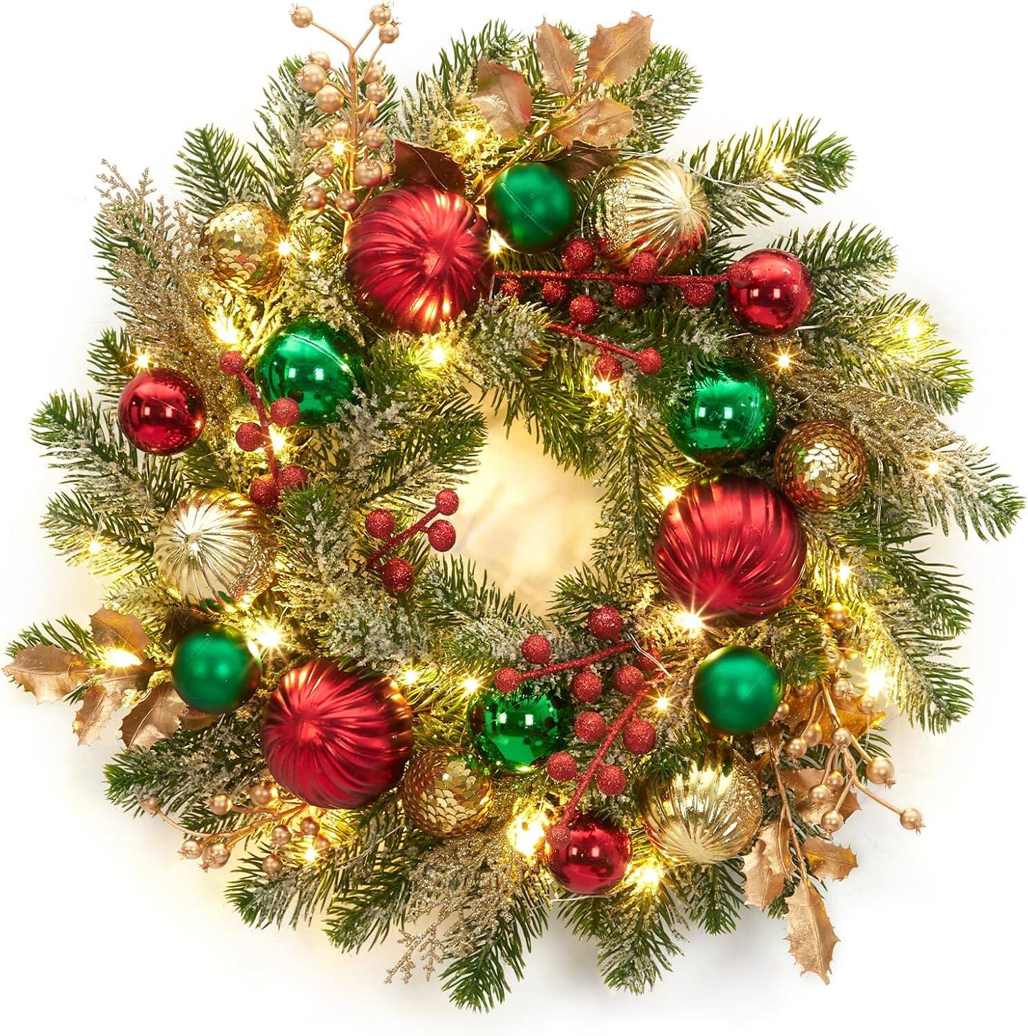 Front. GARVEE - 16" Pre-Lit Christmas Wreath with 30 LED Battery Lights, Red Green Gold Ornaments, Snow Flocked - Green.