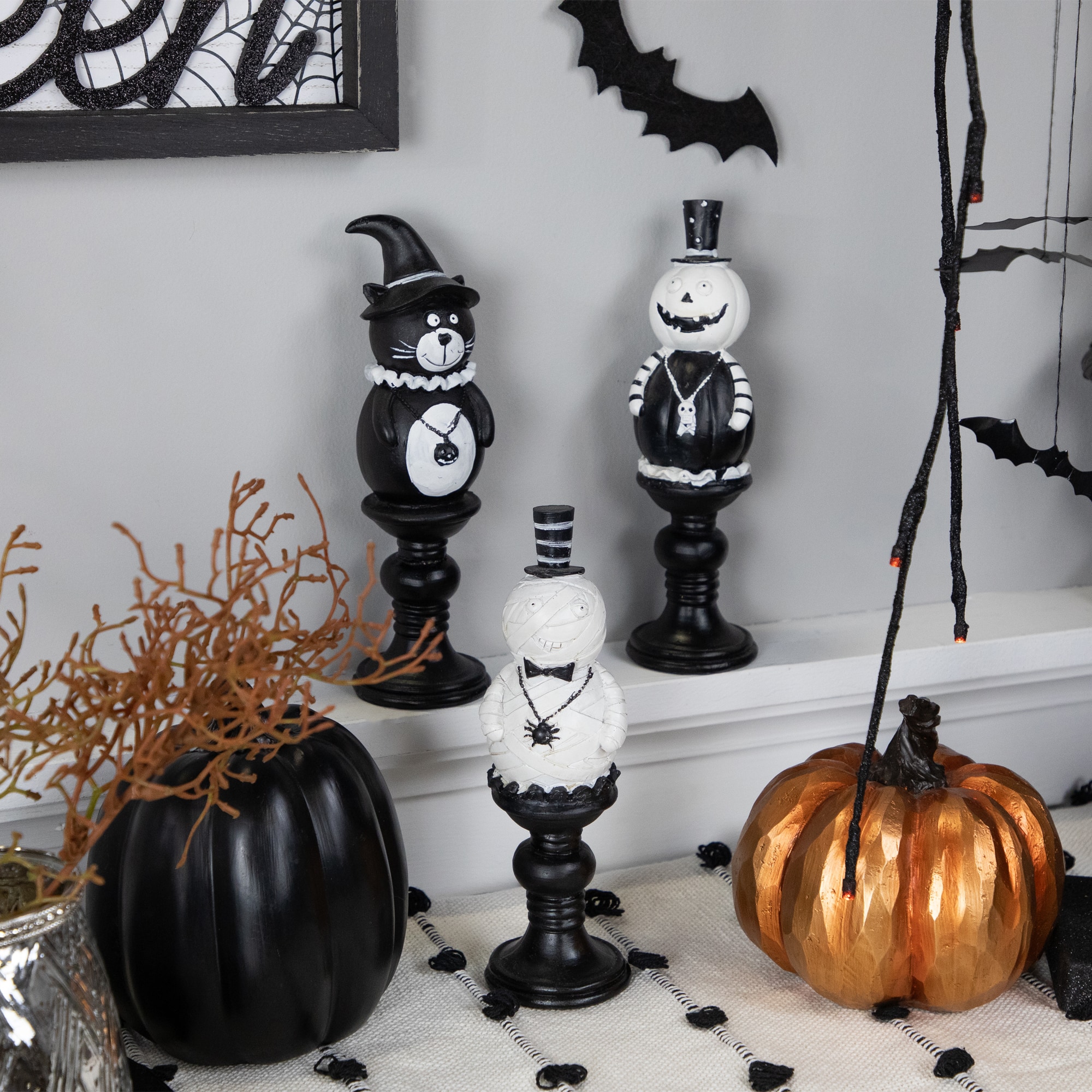 Northlight - Pumpkin, Cat and Ghost Halloween Candlestick Decorations - 8.25" - Set of 3 - Black