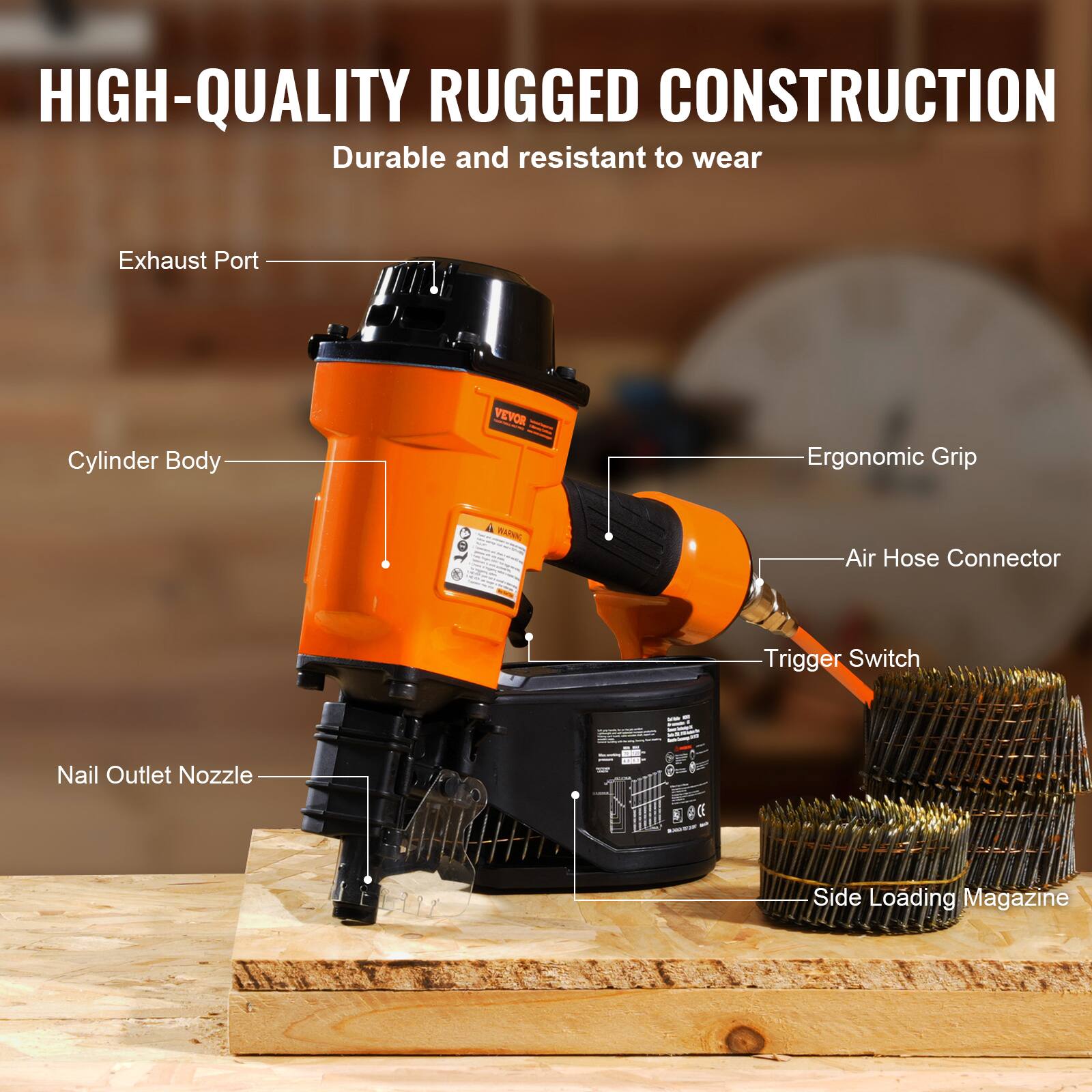 HIGH-QUALITY RUGGED CONSTRUCTION  
Durable and resistant to wear  

- Exhaust Port  
- Cylinder Body  
- Ergonomic Grip  
- Air Hose Connector  
- Trigger Switch  
- Nail Outlet Nozzle  
- Side Loading Magazine
