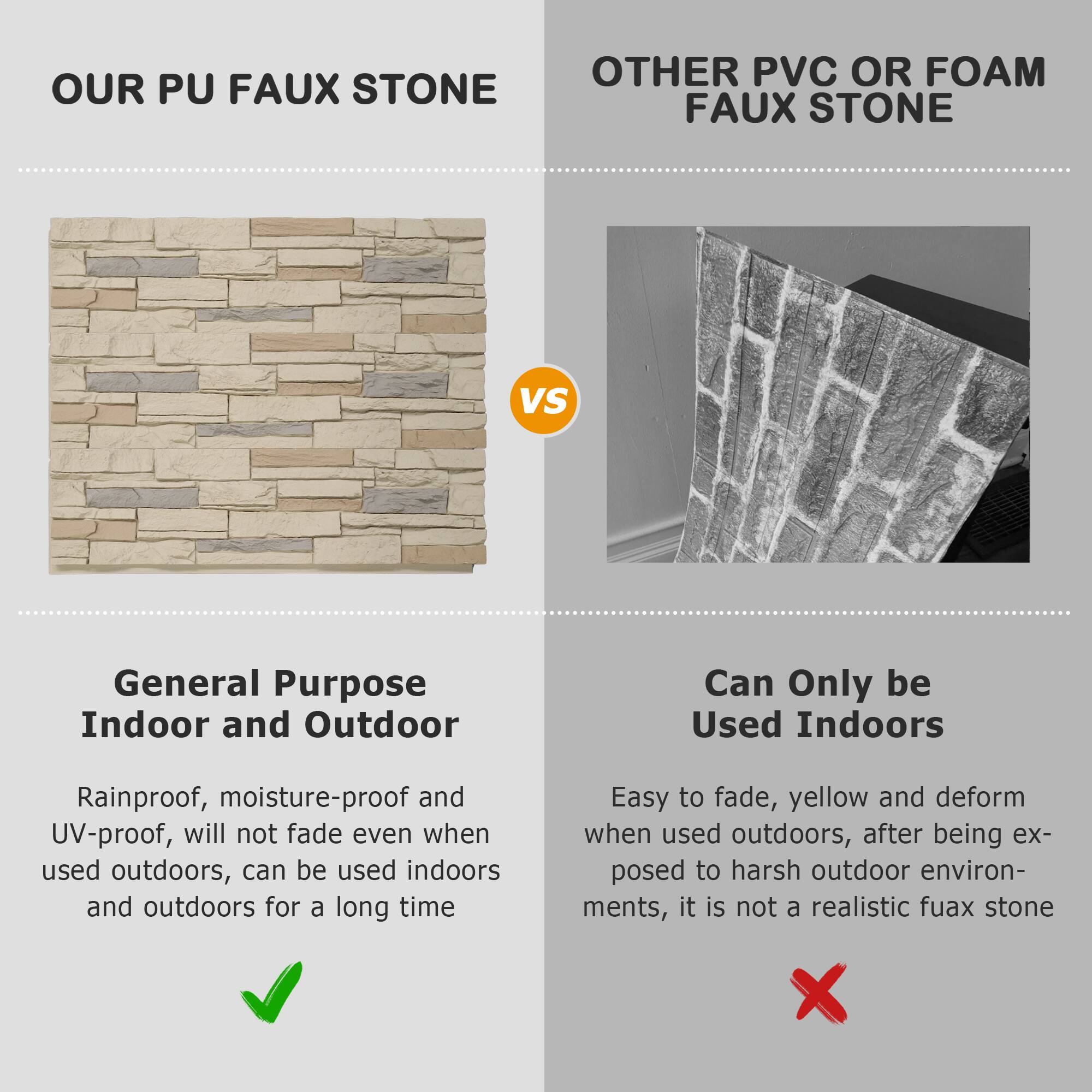 OUR PU FAUX STONE

General Purpose Indoor and Outdoor

Rainproof, moisture-proof and UV-proof, will not fade even when used outdoors, can be used indoors and outdoors for a long time

OTHER PVC OR FOAM FAUX STONE

Can Only be Used Indoors

Easy to fade, yellow and deform when used outdoors, after being exposed to harsh outdoor environments, it is not a realistic faux stone