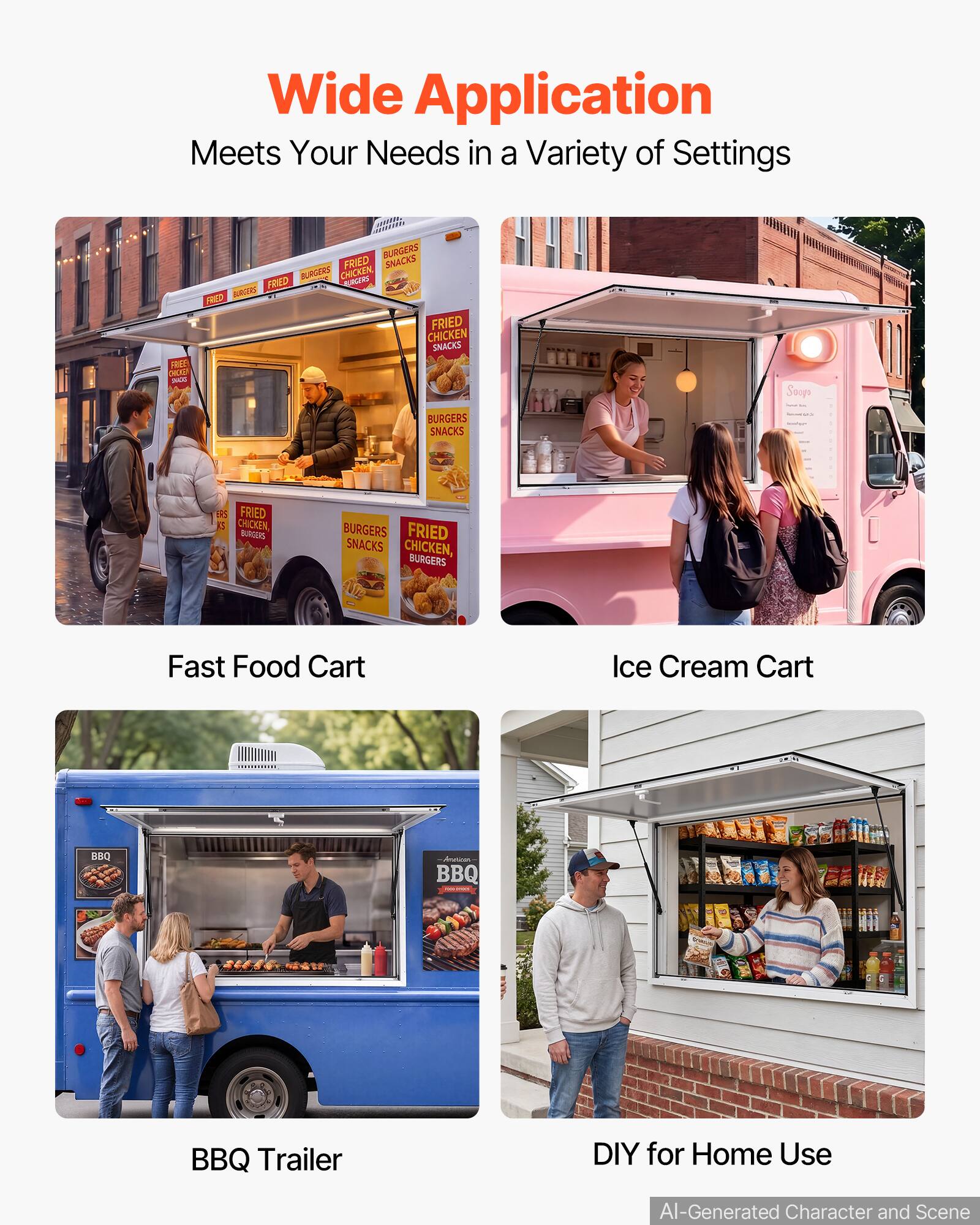 Wide Application Meets Your Needs in a Variety of Settings

FREE CHOICE adidas

- XXXXXXXXX BURGERS FRIED SNACKS BURGERS CHICKEN BURGERS FRIED The FRED BURGERS FRIED CHICKEN SNACKS

Soops

BURGERS SNACKS

FRIED 3 CHICKEN, BURGERS

BURGERS FRIED SNACKS CHICKEN, BURGERS

Fast Food Cart

Ice Cream Cart

BBQ

BBQ

BBQ Trailer

DIY for Home Use

AI-Generated Character and Scene