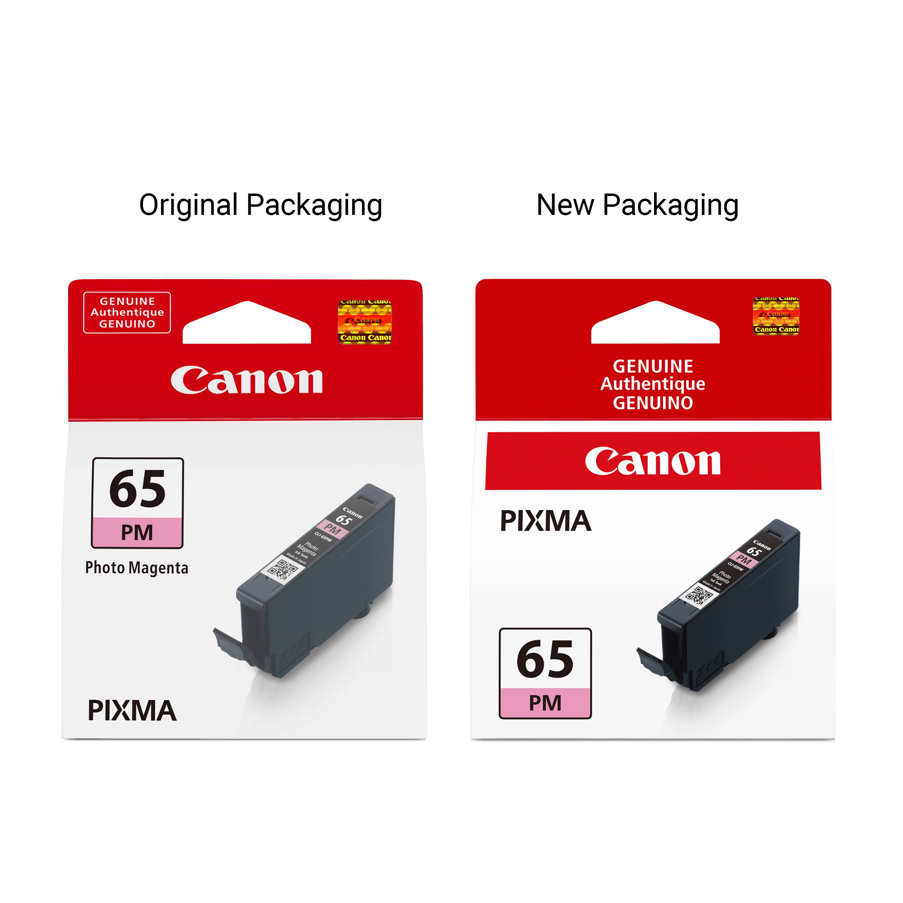 Original Packaging
New Packaging
GENUINE Authentique GENUINO
CONVE COMPA Pasan Canon Canon
CHANGE CASSE Canon
Canon
GENUINE Authentique GENUINO
65 PM Photo Magenta
65 Casson SERVAD PM Plaza DEA CONT
Canon PIXMA 65  SAN PM  - BRAN segna
PIXMA
65 PM