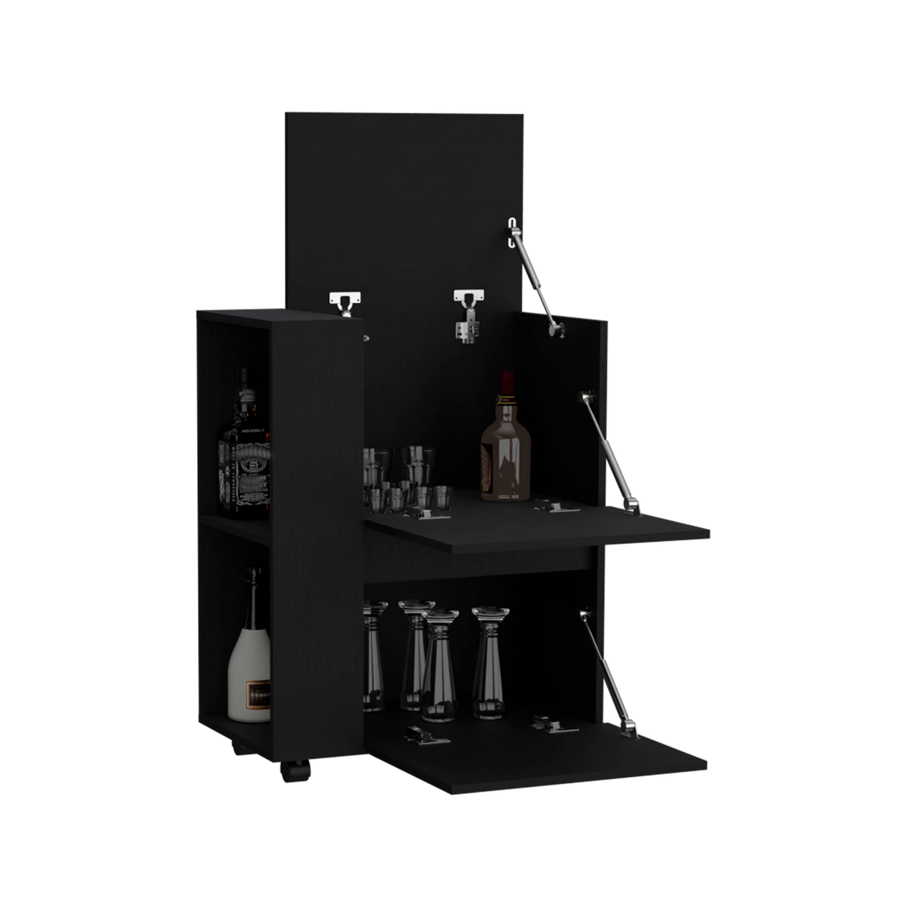 Alt View 2. TuHome - Glasgow Bar Cart with Two Pull-Down Door Cabinets, Two Open Shelves, Living Room or Bar Room - Black.