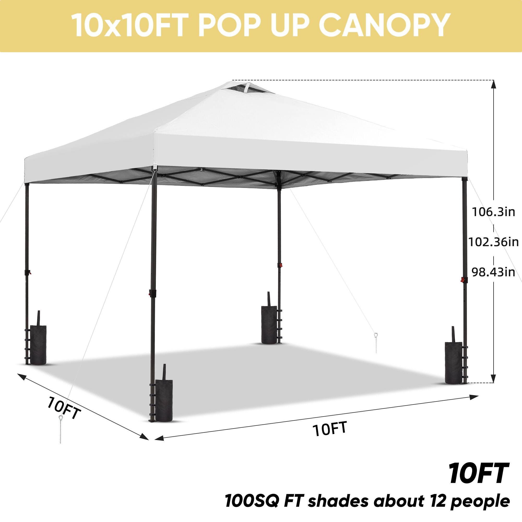 10x10FT POP UP CANOPY

106.3in
102.36in
98.43in
10FT
10FT
10FT

100SQ FT shades about 12 people