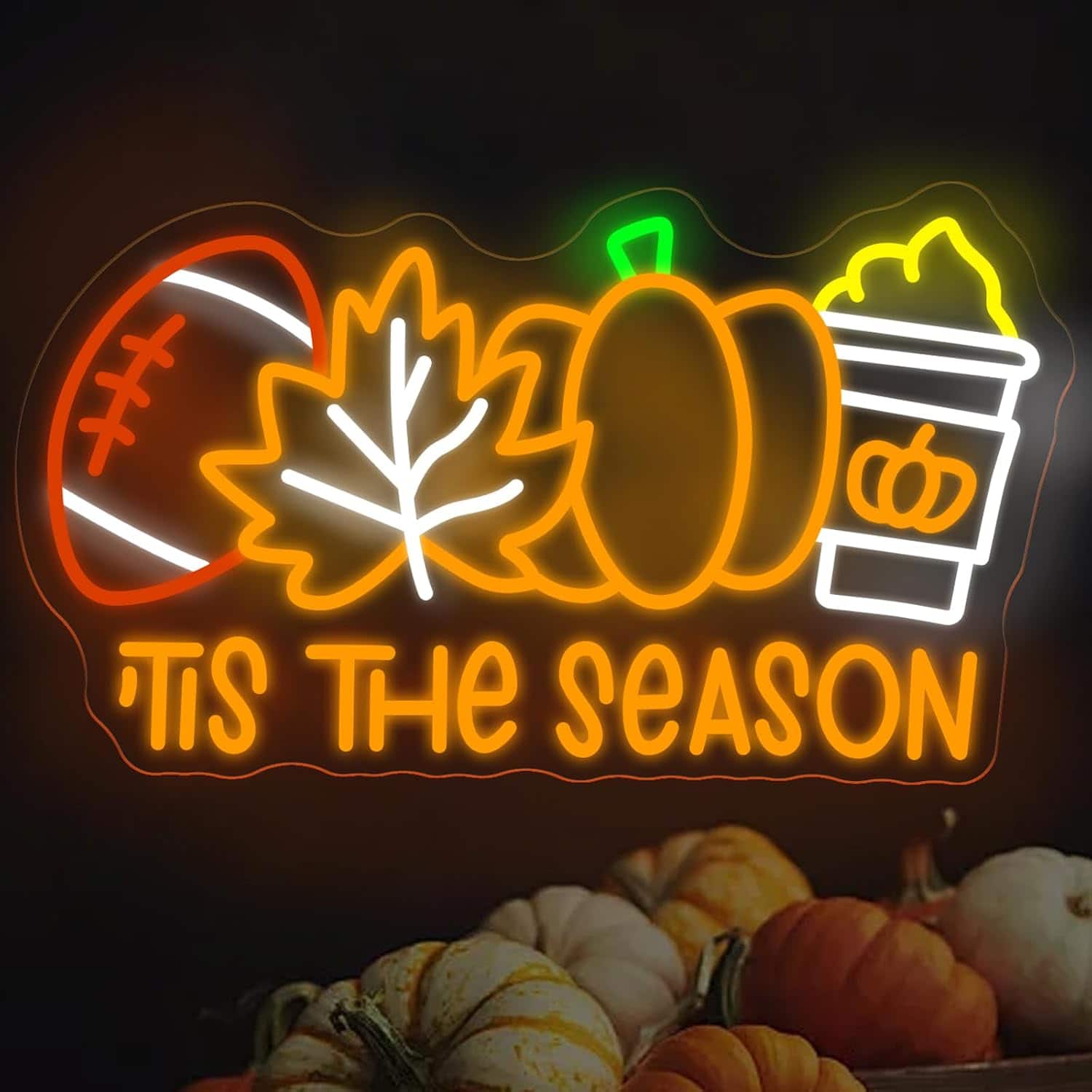 Auledio - Tis The Season Neon Sign, Fall Coffee Pumpkin Spice Football Neon Light Home Wall Decor Art Kitchen Coffee Shop Bar - Multicolor