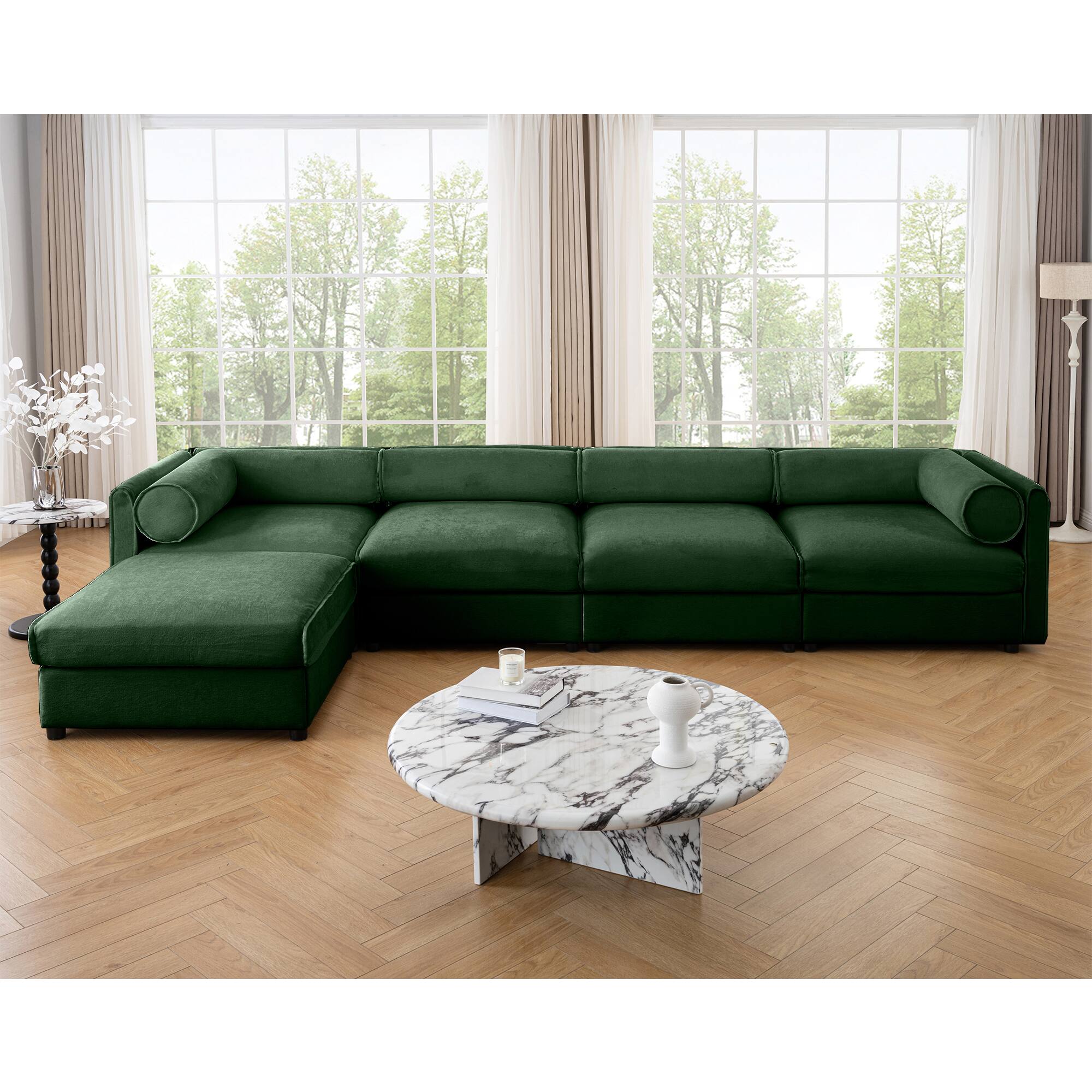 Angle. LOVMOR - 4 Seat Chenille Modular Sectional Couch L Shaped Storage Ottoman Cylindrical Support For Living Room Plush Den - Green.