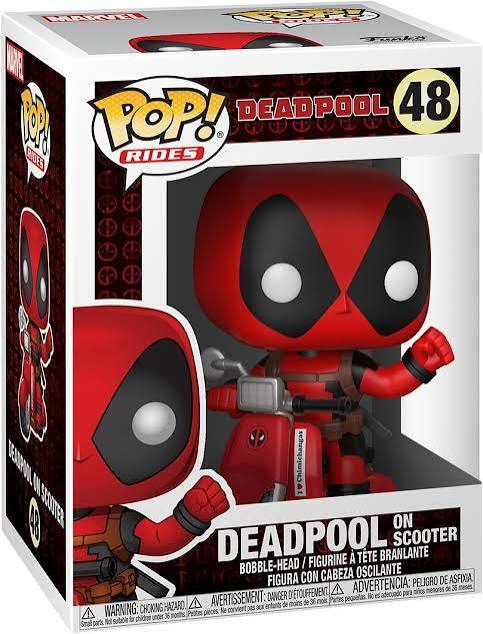 MARVEL UNIVE POP! DEADPOOL 48 100 RIDES  
DEADPOOL ON SCOOTER FIGURINE À TÊTE BRANLANTE / CON CABEZA OSCILANTE  
ADVERTENCIA: PELIGRO DE ASFIXIA FIGURA ADVERTISSEMENT DANGER PELIGRO DE ASFIXIA  
WARNING: CHOKING HAZARD, Small parts. NOT suitable for children under 36 months.