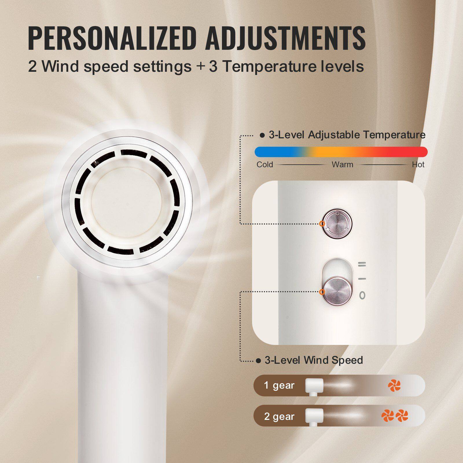 PERSONALIZED ADJUSTMENTS  
2 Wind speed settings + 3 Temperature levels  

- 3-Level Adjustable Temperature  
  Cold Warm Hot  

- 3-Level Wind Speed  
  1 gear  
  2 gear