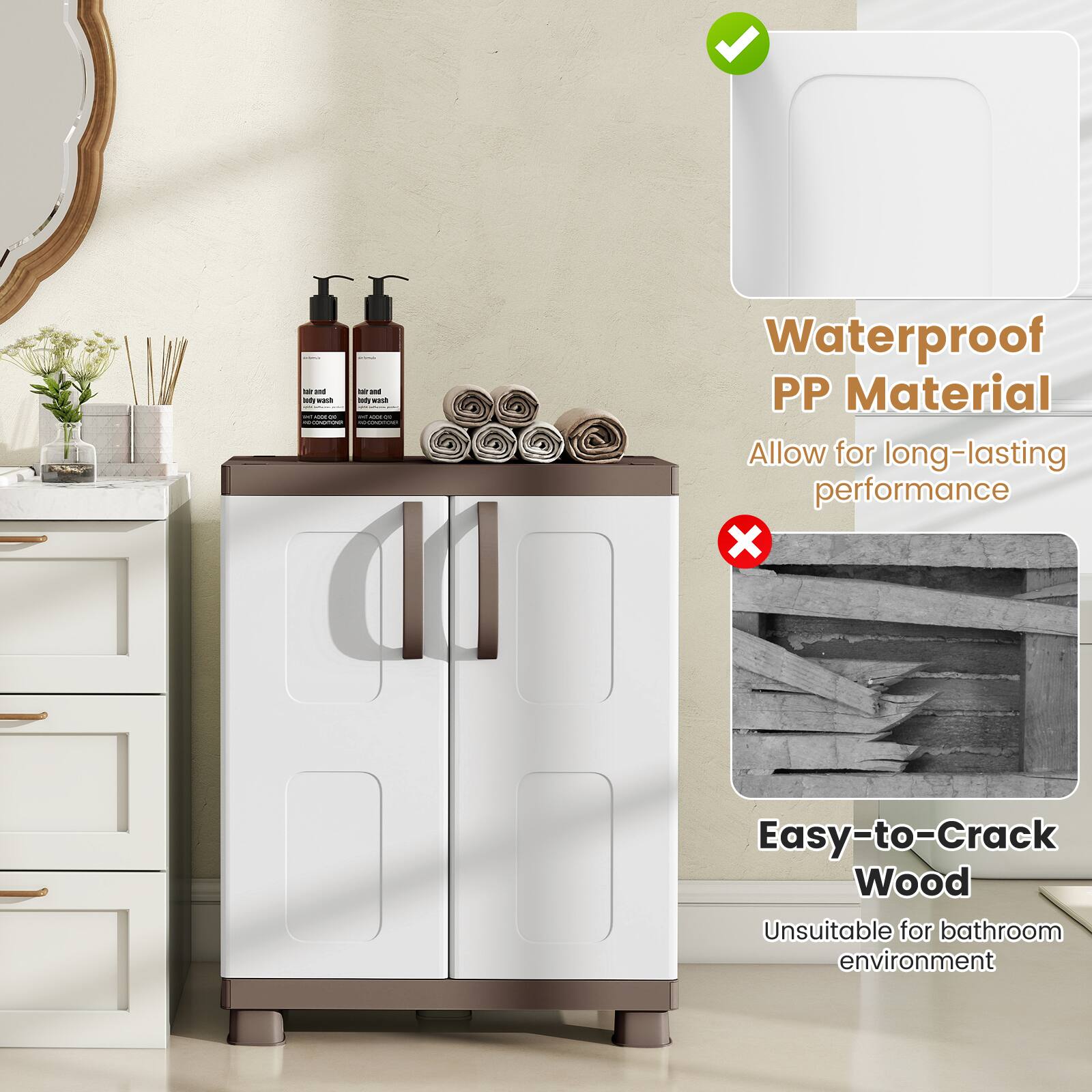 - Waterproof PP Material
  - Allow for long-lasting performance

- Easy-to-Crack Wood
  - Unsuitable for bathroom environment