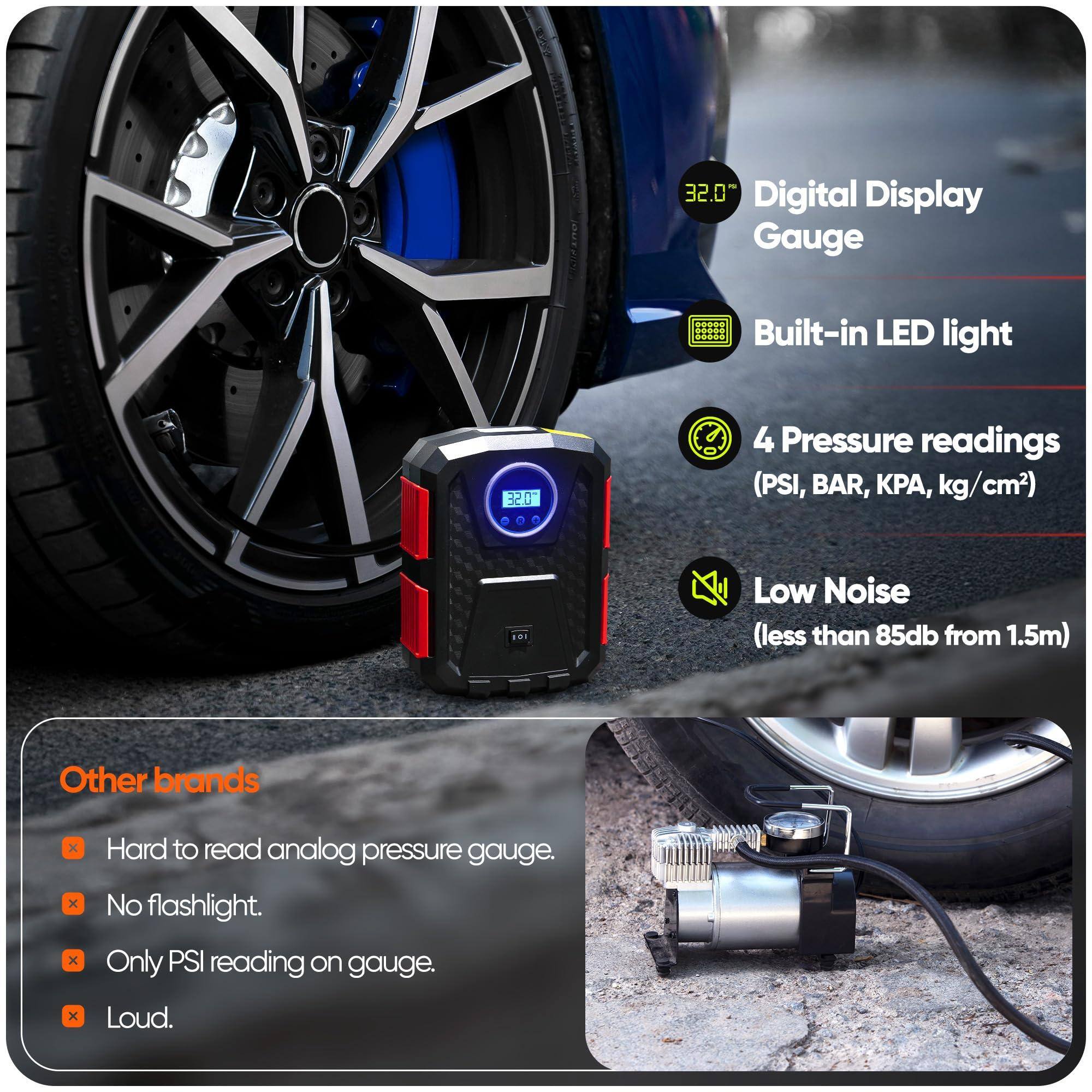 32.0" Digital Display Gauge  
Built-in LED light  
4 Pressure readings (PSI, BAR, KPA, kg/cm²)  
Low Noise (less than 85db from 1.5m)  

Other brands  
- Hard to read analog pressure gauge.  
- No flashlight.  
- Only PSI reading on gauge.  
- Loud.