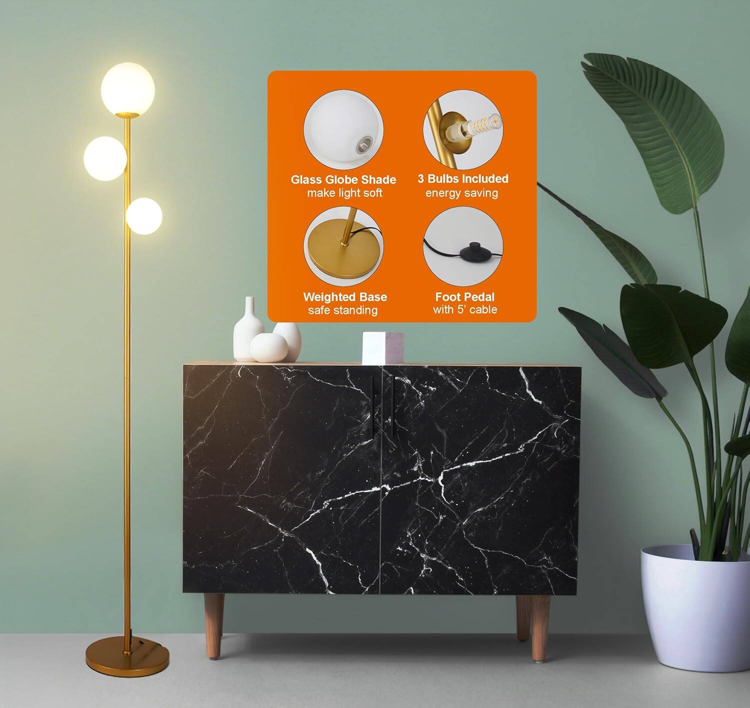 CA00 Glass Globe Shade make light soft  
3 Bulbs Included energy saving  
Weighted Base safe standing  
Foot Pedal with 5' cable