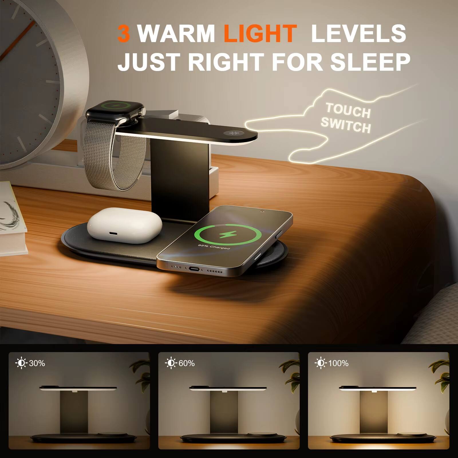 3 WARM LIGHT LEVELS JUST RIGHT FOR SLEEP  
TOUCH SWITCH  

30% 60% 100%