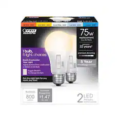- Soft White - 2700K
- Bright White - 3000K
- Neutral White - 3500K
- Cool White - 4000K
- Daylight - 5000K
1 bulb, 5 light choices
Easily Customize Your Light
Adjust anytime from a wall switch or Select on the Bulb
Toggle ON/OFF to change the light
Get the right light for any room, any time.
Brightness: 800 lumens
Estimated Energy Cost: $1.47 per year
75w replacement
Uses 12.2 Watts
lasts up to 22 years*
premium dimming
5 Year unconditional guarantee
2 LED A19 bulbs general purpose