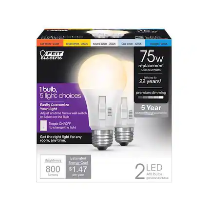 - Soft White - 2700K
- Bright White - 3000K
- Neutral White - 3500K
- Cool White - 4000K
- Daylight - 5000K
1 bulb, 5 light choices
Easily Customize Your Light
Adjust anytime from a wall switch or Select on the Bulb
Toggle ON/OFF to change the light
Get the right light for any room, any time.
Brightness: 800 lumens
Estimated Energy Cost: $1.47 per year
75w replacement
Uses 12.2 Watts
lasts up to 22 years*
premium dimming
5 Year unconditional guarantee
2 LED A19 bulbs general purpose