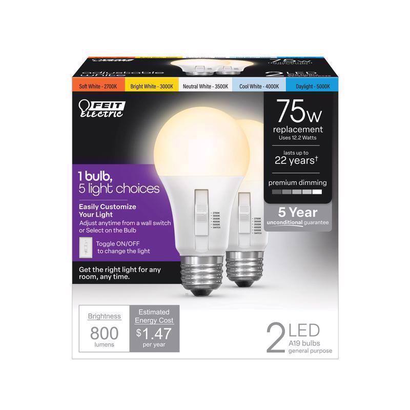 - Soft White - 2700K
- Bright White - 3000K
- Neutral White - 3500K
- Cool White - 4000K
- Daylight - 5000K

1 bulb, 5 light choices

Easily Customize Your Light
Adjust anytime from a wall switch or Select on the Bulb
Toggle ON/OFF to change the light

Get the right light for any room, any time.

Brightness: 800 lumens
Estimated Energy Cost: $1.47 per year

75w replacement
Uses 12.2 Watts
lasts up to 22 years*
premium dimming

5 Year unconditional guarantee

2 LED A19 bulbs general purpose