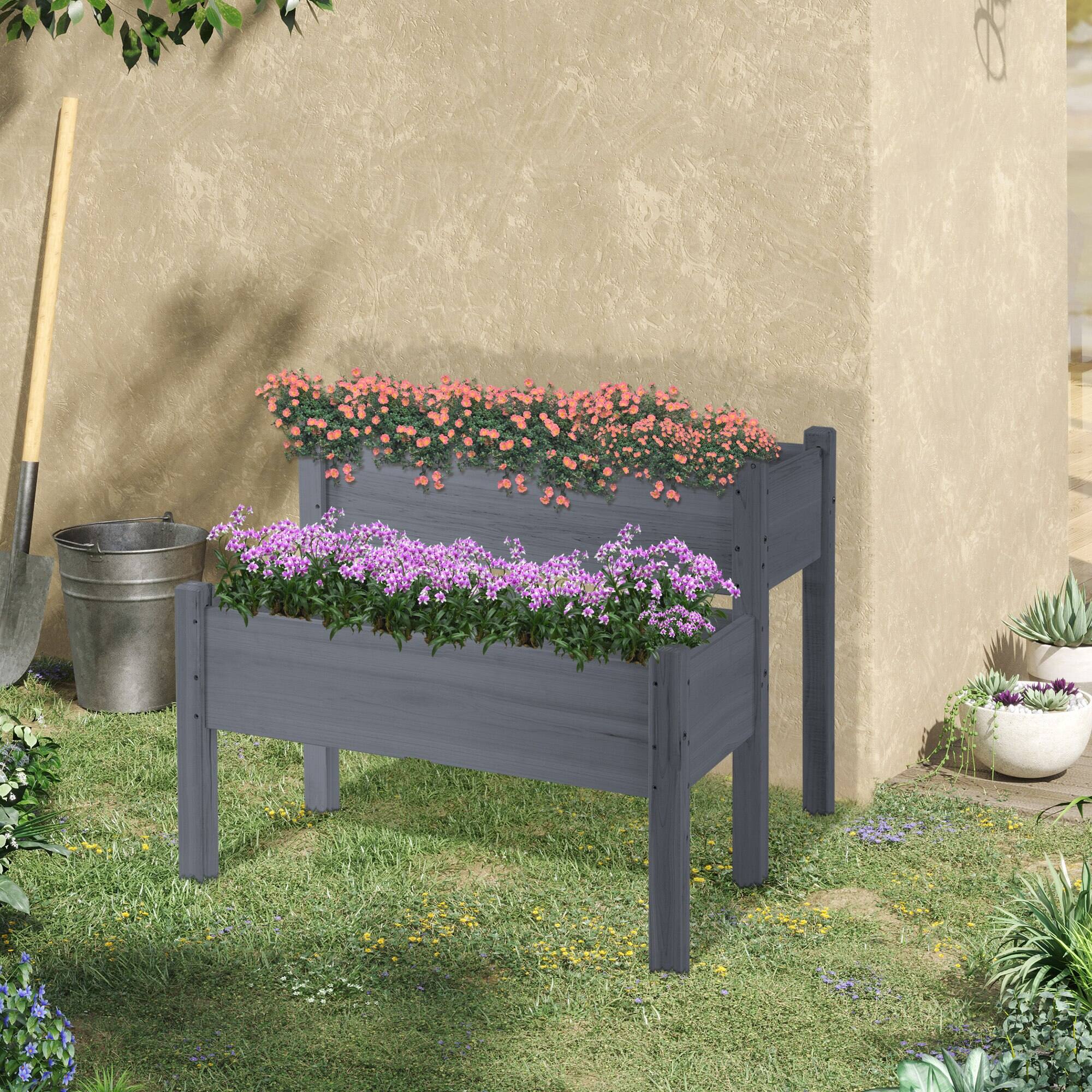 Alt View 1. Outsunny - Raised Garden Bed 2-Tier Wooden Planter Box for Backyard, Patio to Grow Vegetables - Gray.