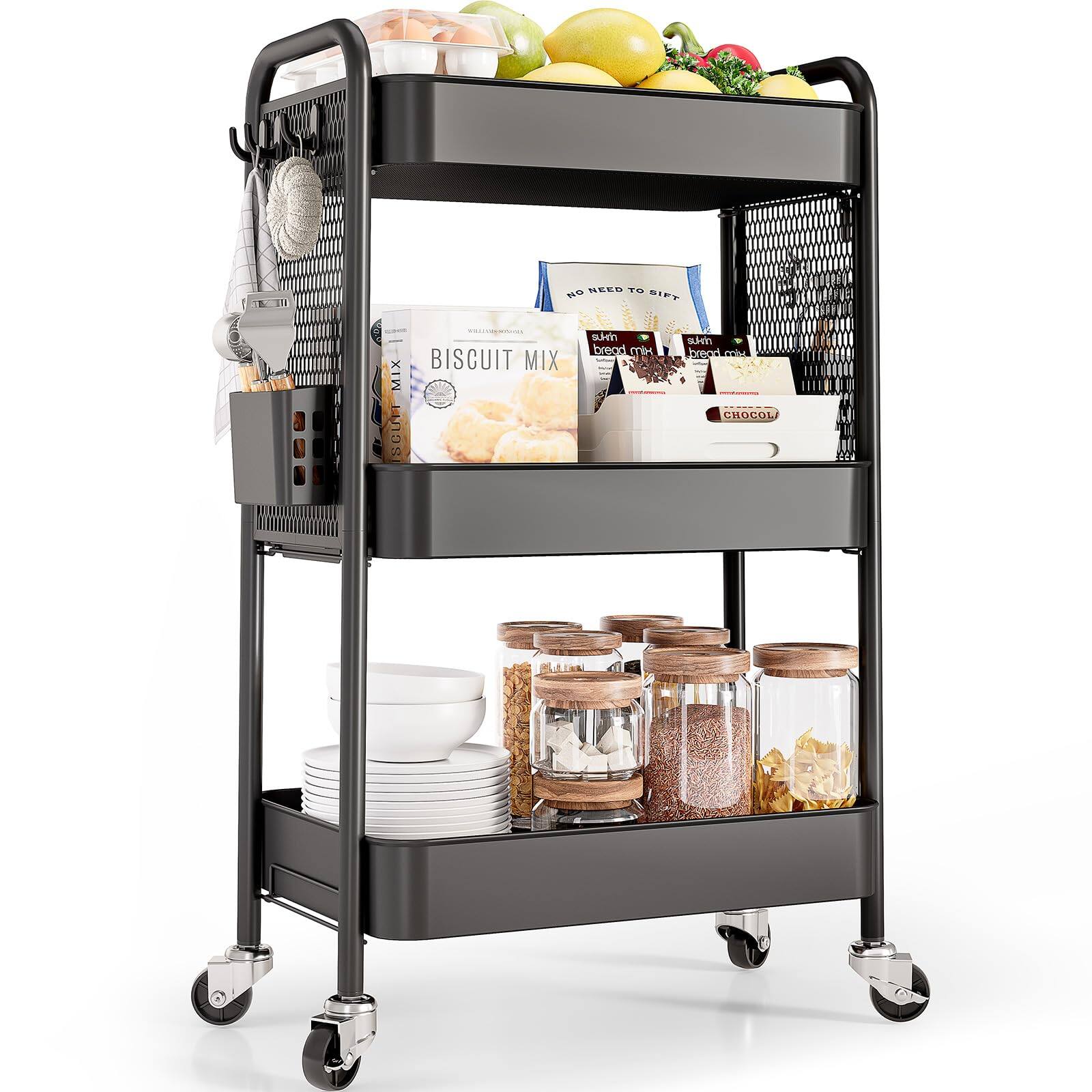 JETRANSPORT - 3 Tier Rolling Cart Storage Organizer Metal Utility With Wheels Hooks & Bins Esthetician Craft Art - Black 3-Tier
