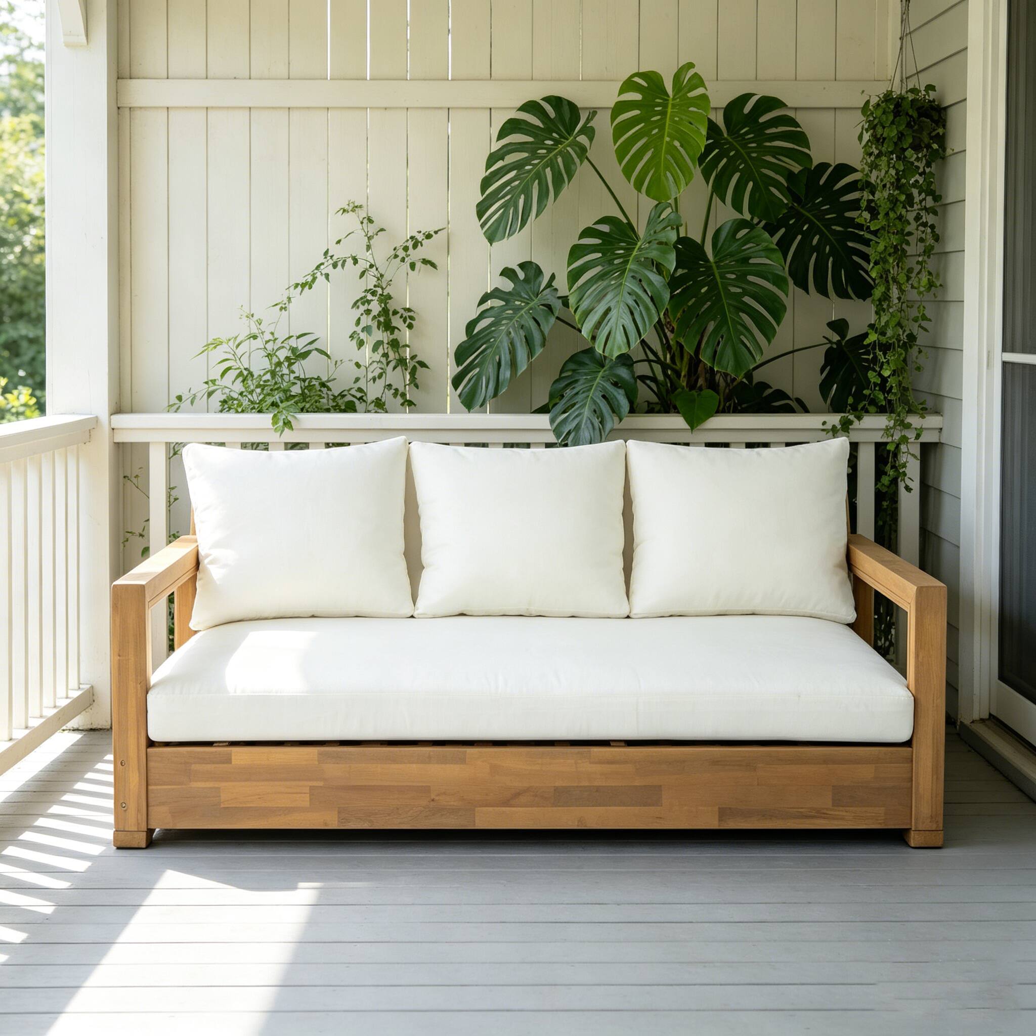 Angle. Whisen - 67.5" W Outdoor 3-Seater Sofa, Acacia Wood Patio Daybed with Thick Cushions & Adjustable Foot Pads - Teak|Beige.