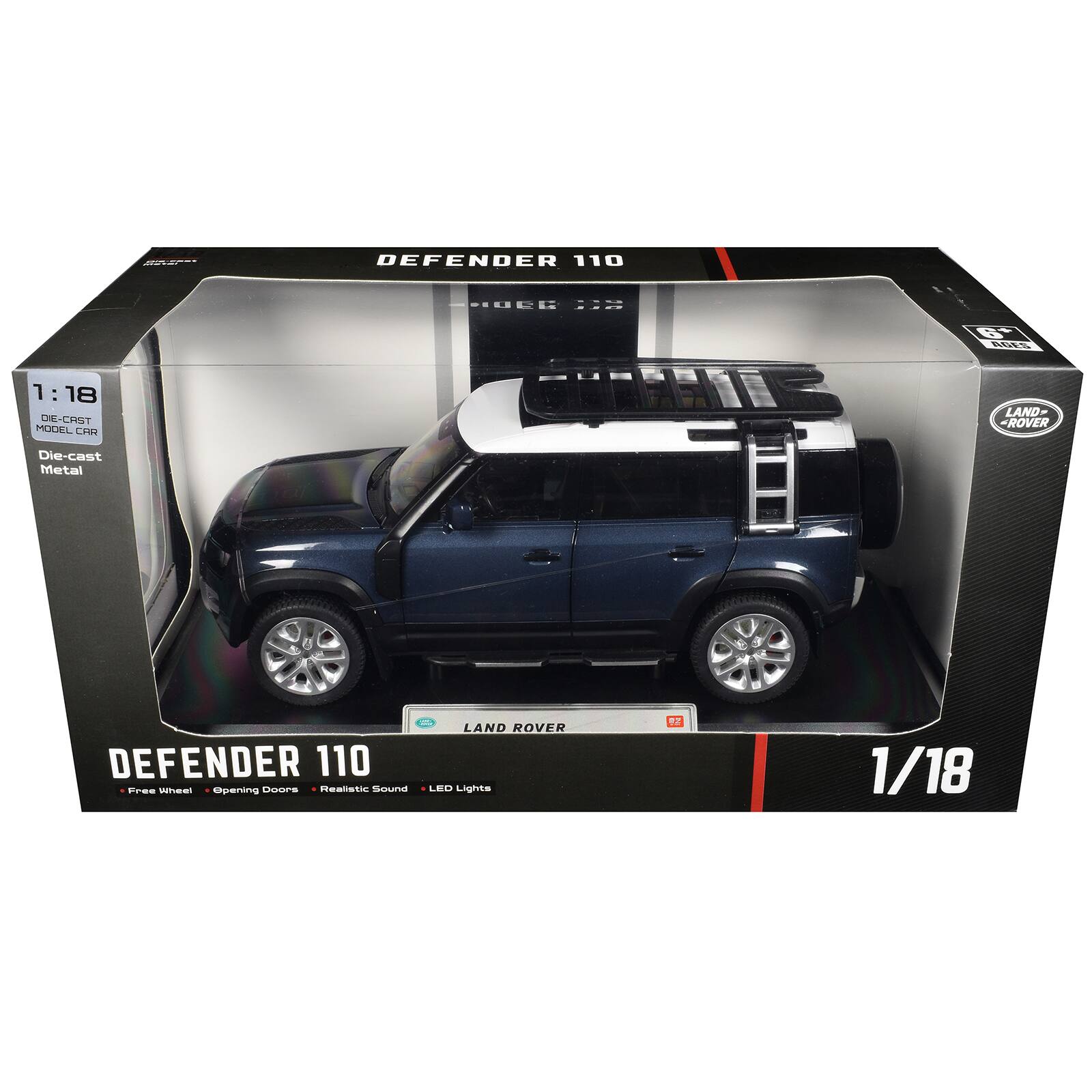 DEFENDER 110  
OEG :::  
6+ AGES  
1:18 DE-CAST MODEL CAR  
LAND-ROVER  
Die-cast Metal  
= LAND ROVER DEFENDER 110 Free Wheel Opening Doors Realistic Sound LED Lights  
92  
1/18