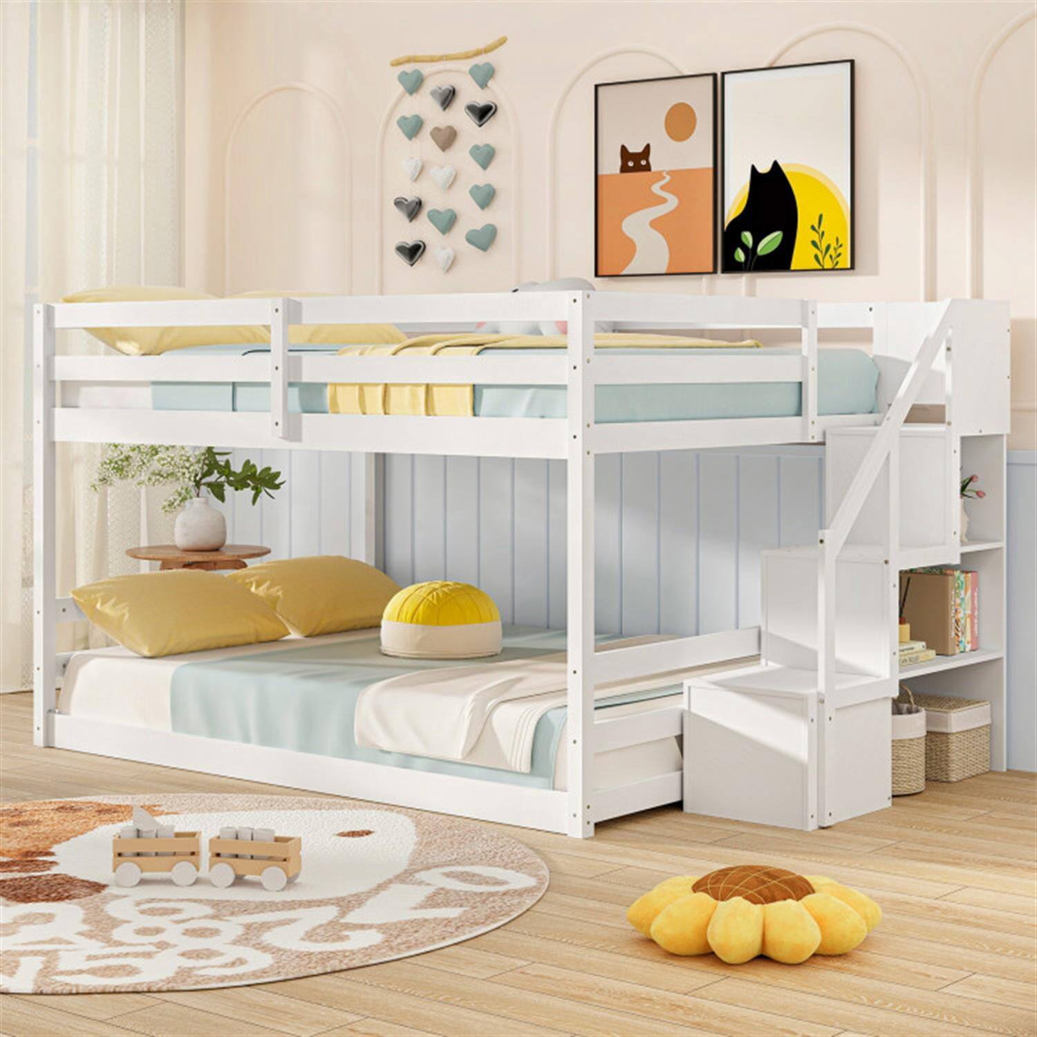 Alt View 5. Pefilos - Full Over Full Bunk Bed with Safety Rail and Storage Stairs, Space-saving Solid Wood Bed Frame - White.