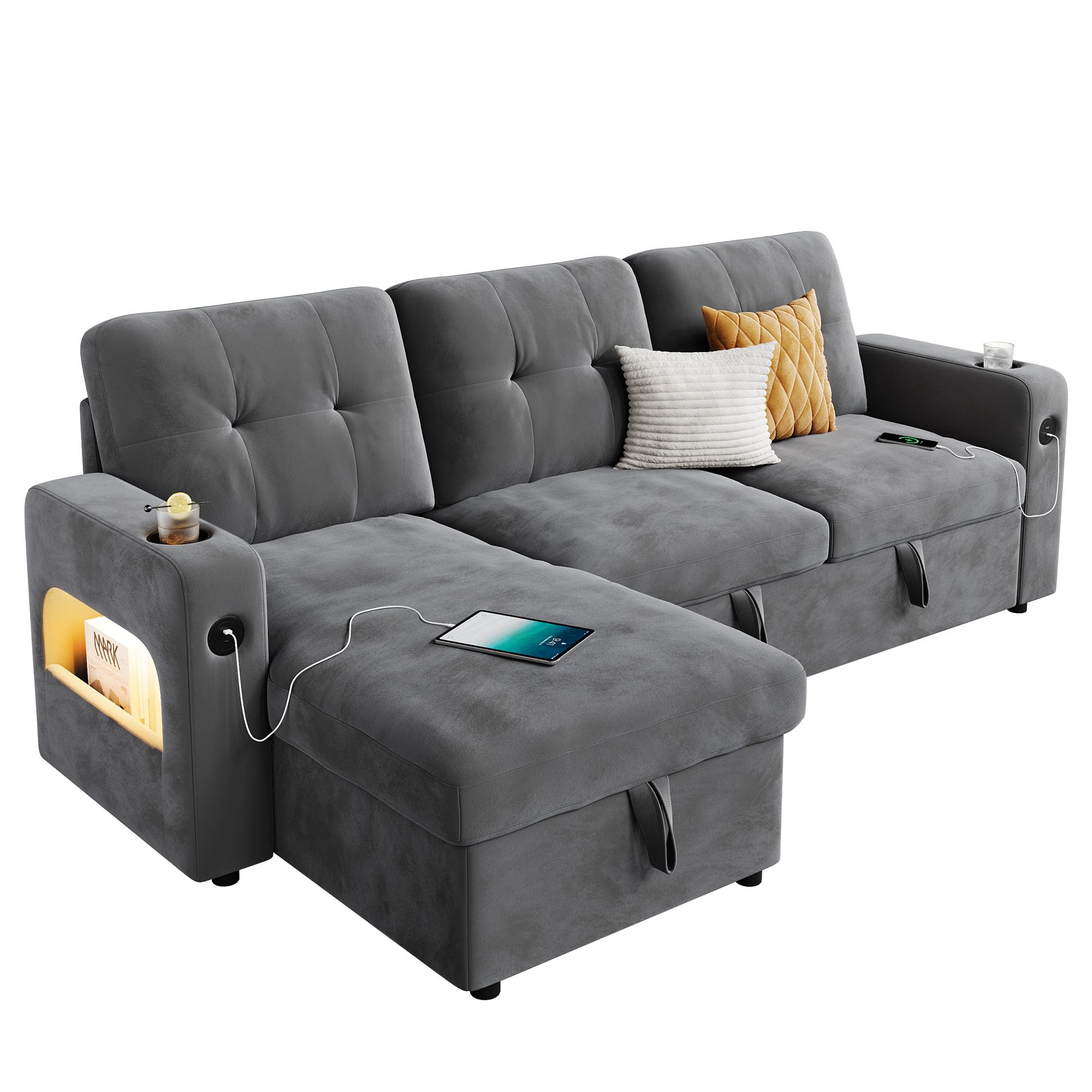Alt View 5. Babevy - 84" L-Shaped Sleeper Sofa, Convertible Pull-Out Bed w/Storage Chaise, Charging Station & LED Lights - Gray.