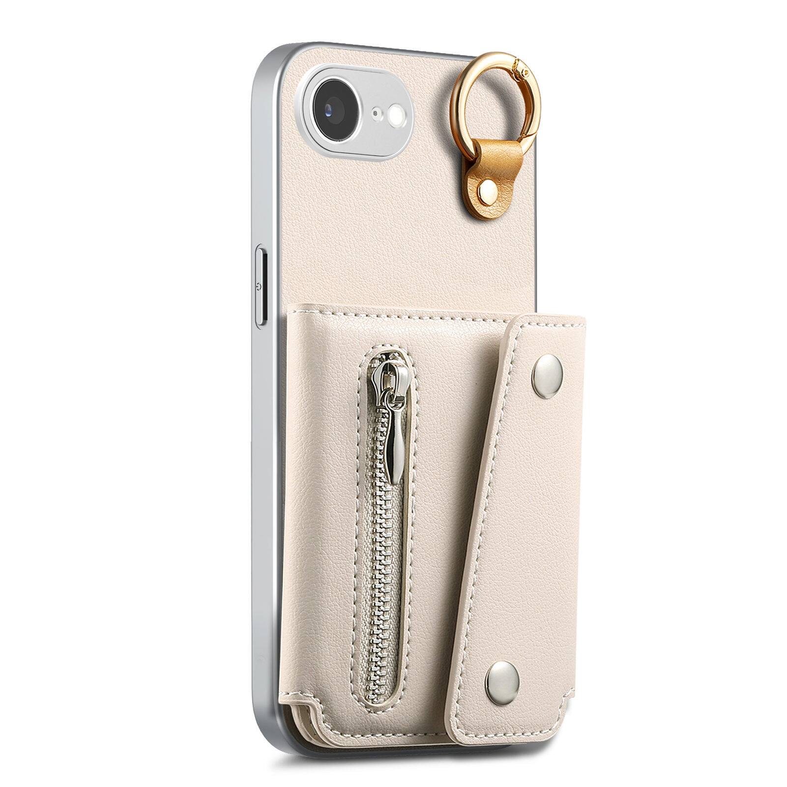 Angle. Dteck - PU Leather Zipper Wallet Phone Case for Apple iPhone 17e with Ring Buckle, Shockproof Kickstand Protective Cover - Beige.
