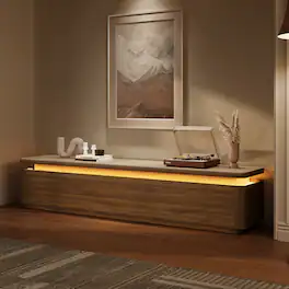 POVISON - 79" Fully Assembled Walnut Matte Sintered Stone Mid-Century TV Stand with LED Lights and Drawers for 65 to 75 In TVs - Walnut Color MDF