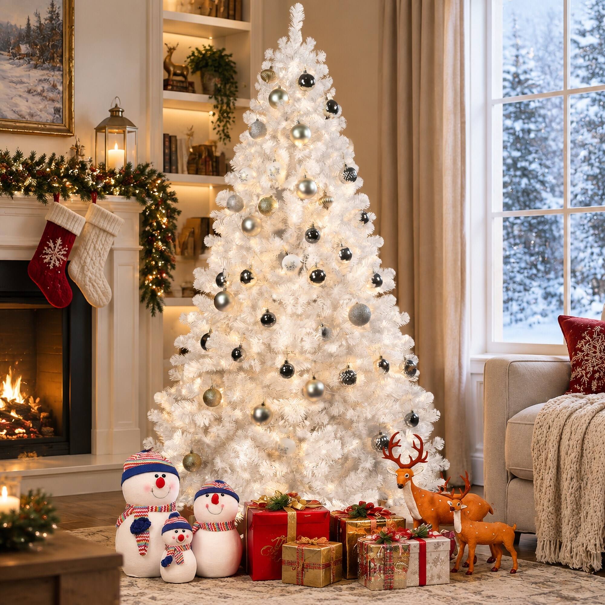 Left. RYHNUYNE - 8 Ft White Artificial Christmas Tree With Memory Wire 1430 Tips, Hinged PVC Branches Easy Assembly Indoor Decor - White.
