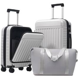 BreeBe - 3-Piece Front-Opening Hardshell Luggage Set, Carry-On Suitcases with USB Port, Expandable, Spinner Wheels, TSA Lock - Grey+White