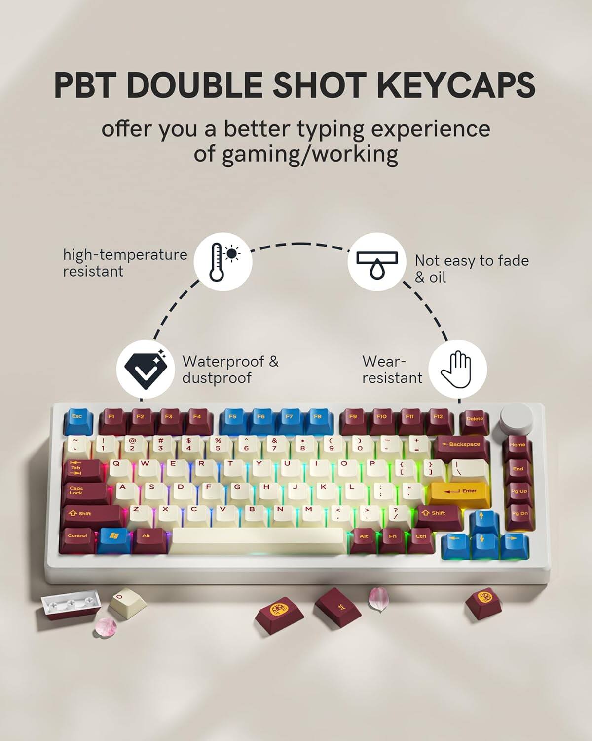 PBT DOUBLE SHOT KEYCAPS offer you a better typing experience of gaming/working

- high-temperature resistant
- Waterproof & dustproof
- Not easy to fade & oil
- Wear-resistant