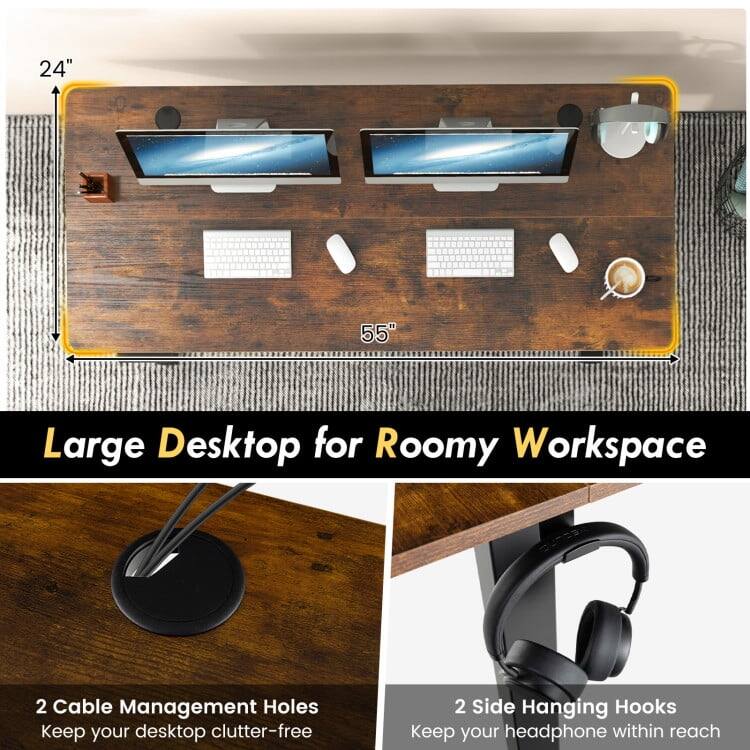 24" 55" Large Desktop for Roomy Workspace  
2 Cable Management Holes Keep your desktop clutter-free  
2 Side Hanging Hooks Keep your headphone within reach